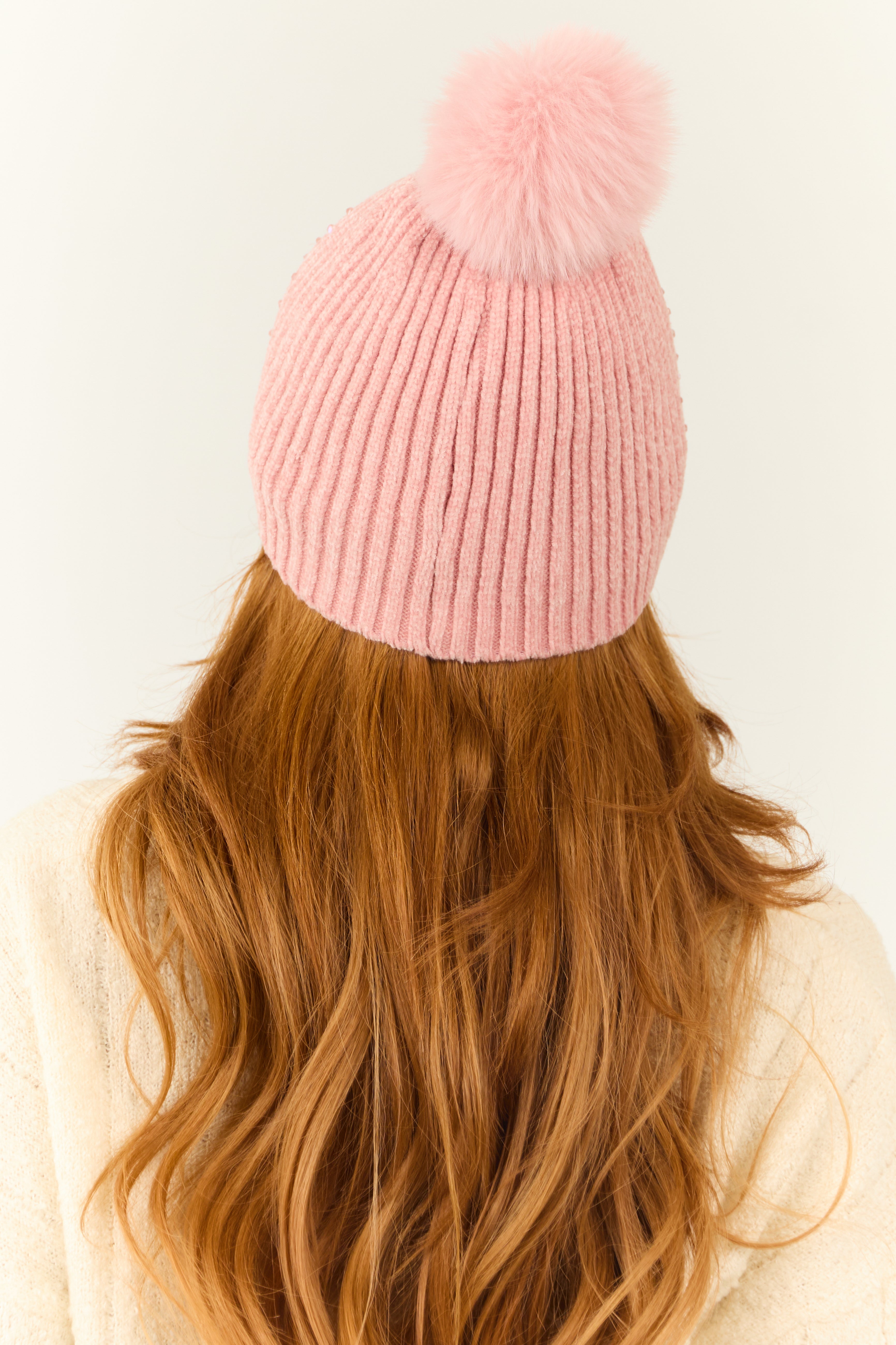 Coral Gemstone Embellished Chenille Pom Pom Beanie-Newayad