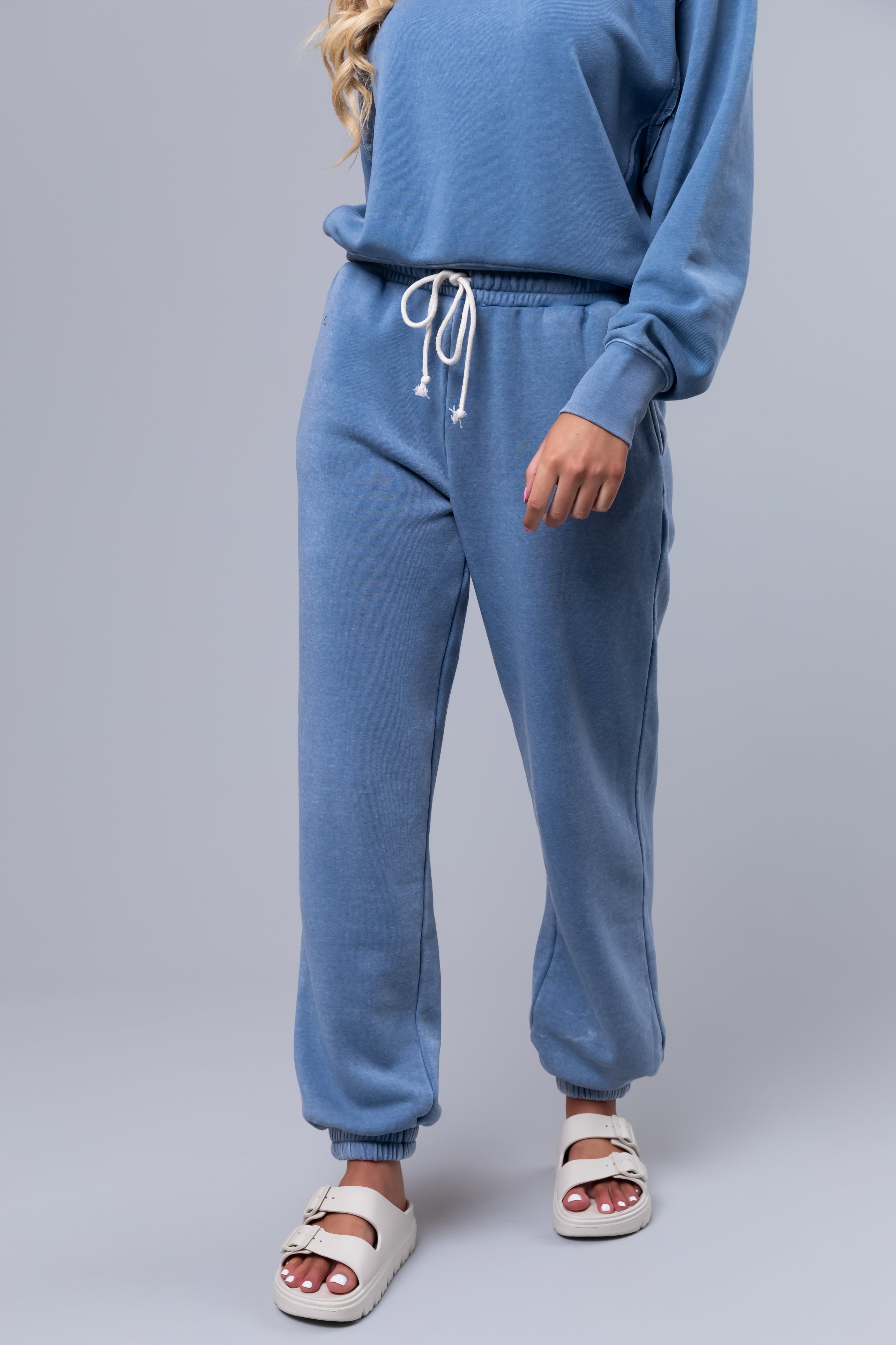 Cornflower Washed High Rise Drawstring Joggers-Newayad