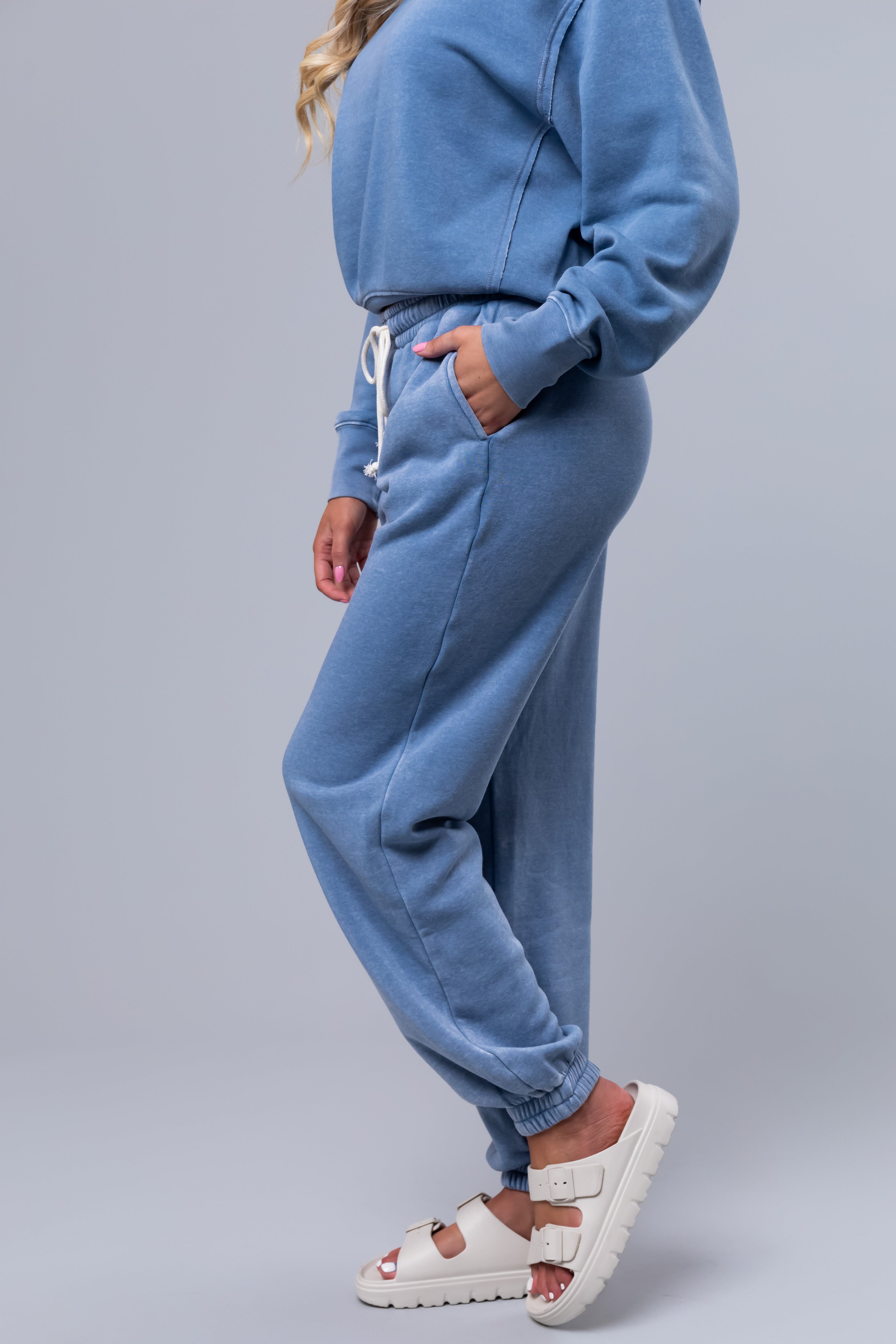 Cornflower Washed High Rise Drawstring Joggers-Newayad