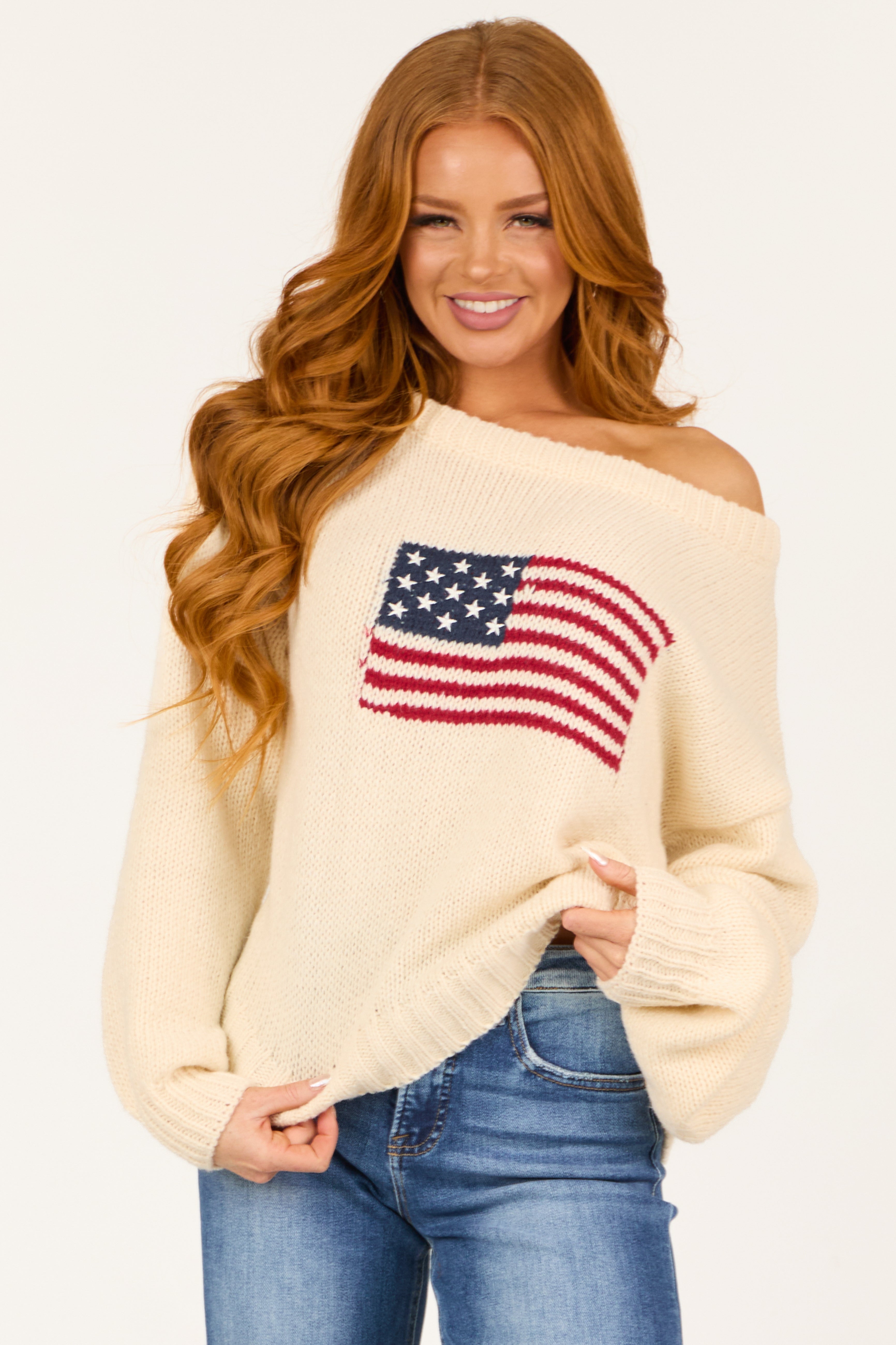 Cream American Flag Boatneck Thick Knit Sweater-Newayad
