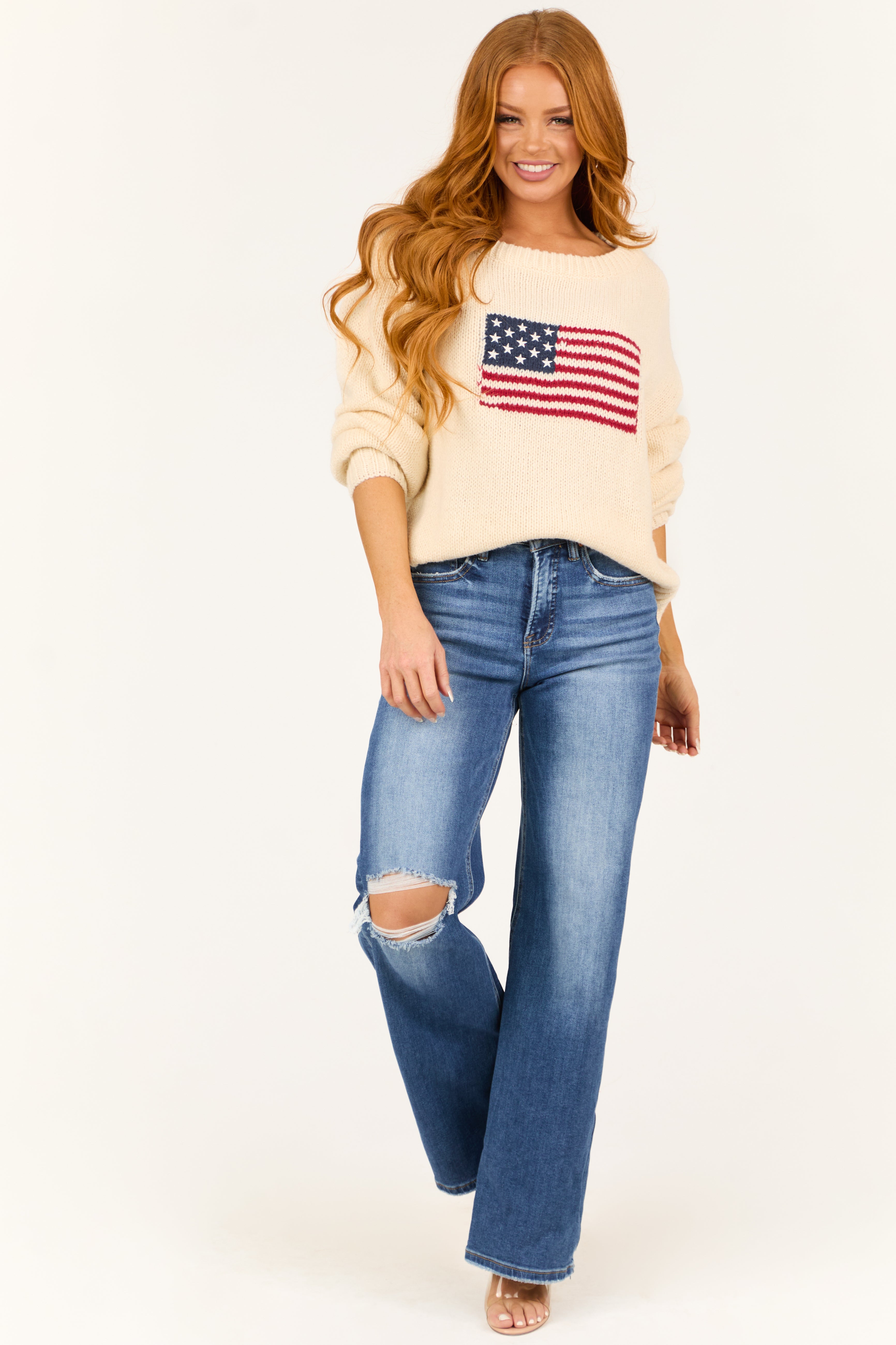 Cream American Flag Boatneck Thick Knit Sweater-Newayad
