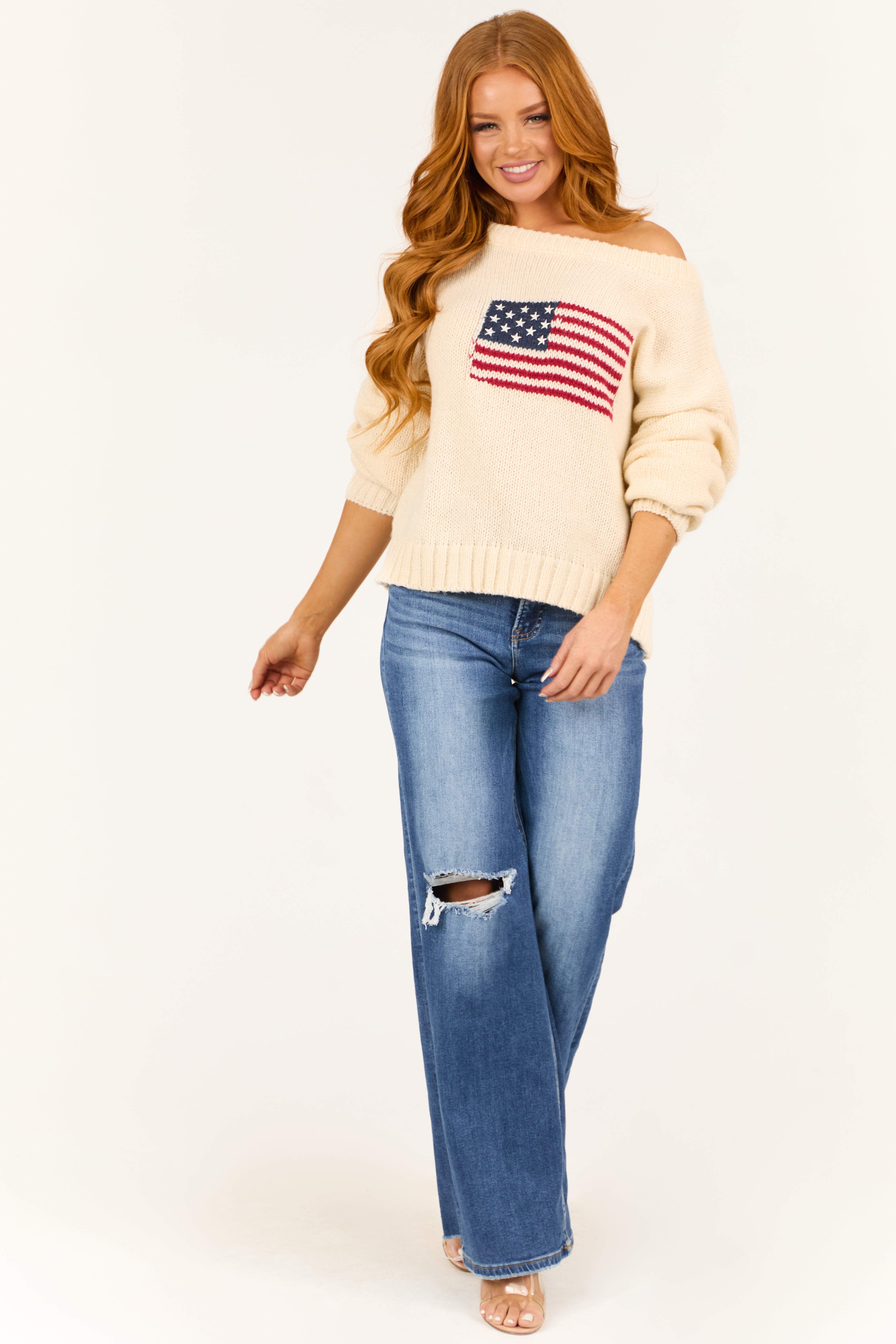 Cream American Flag Boatneck Thick Knit Sweater-Newayad