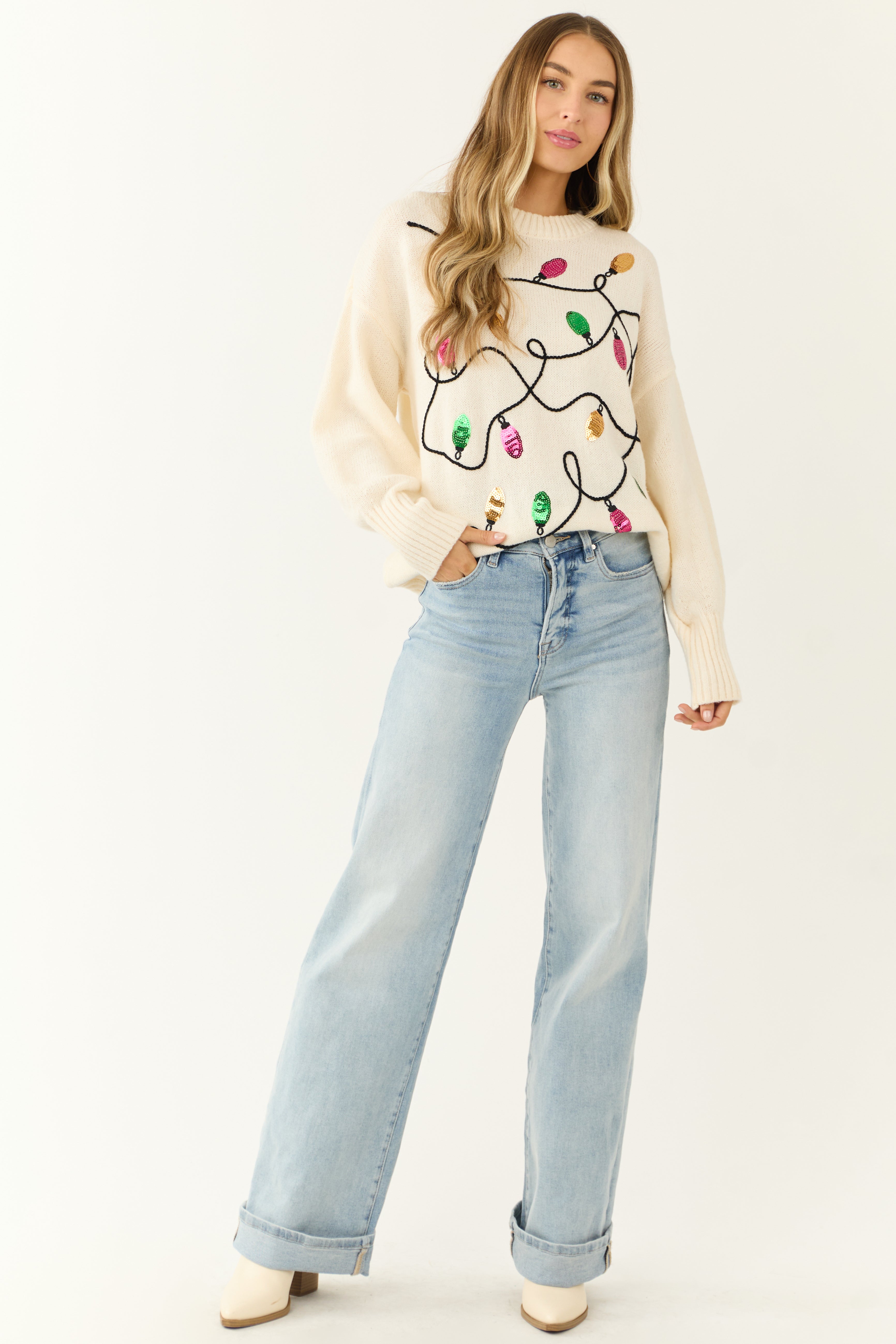 Cream Christmas Lights Sequin Detail Sweater-Newayad