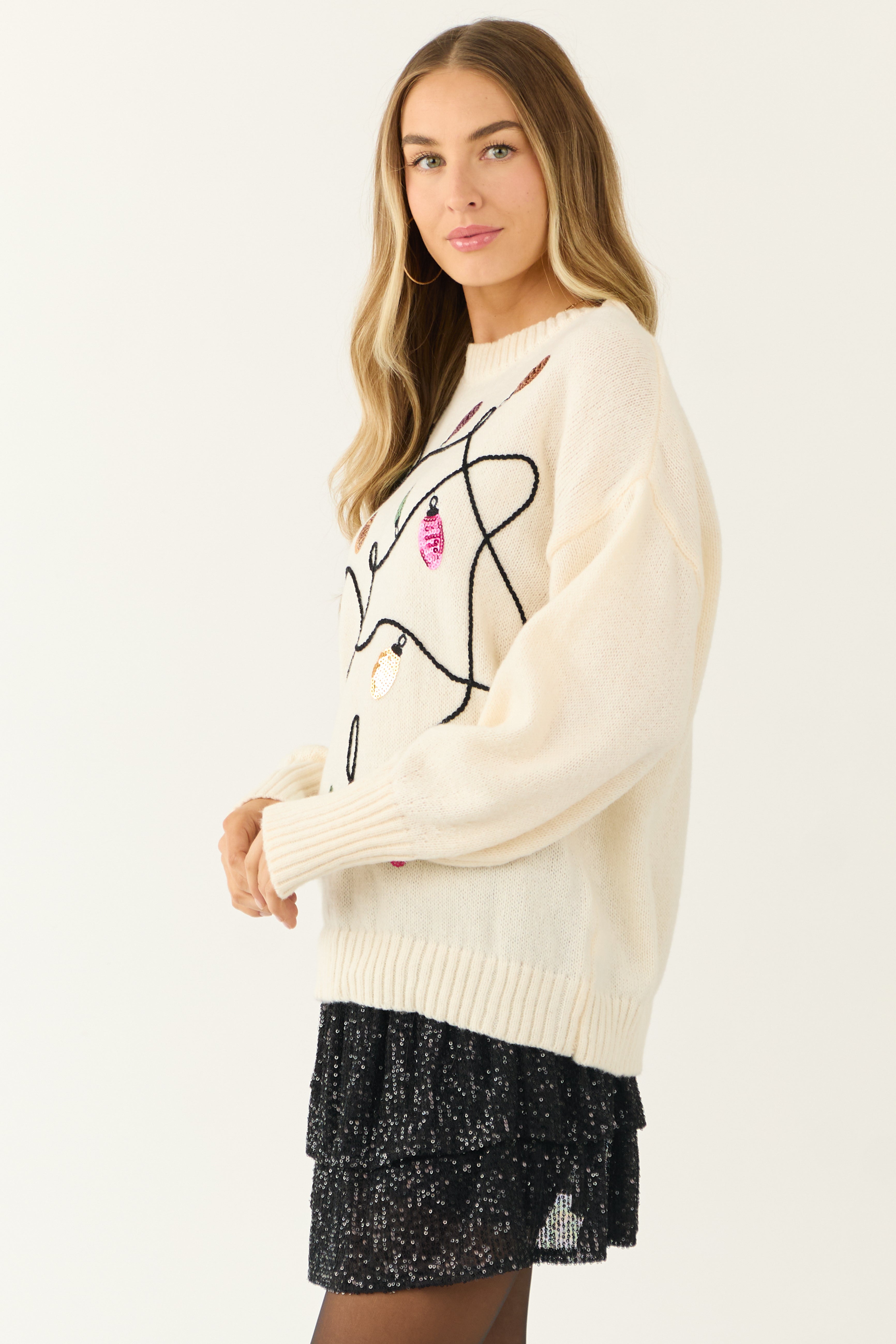 Cream Christmas Lights Sequin Detail Sweater-Newayad
