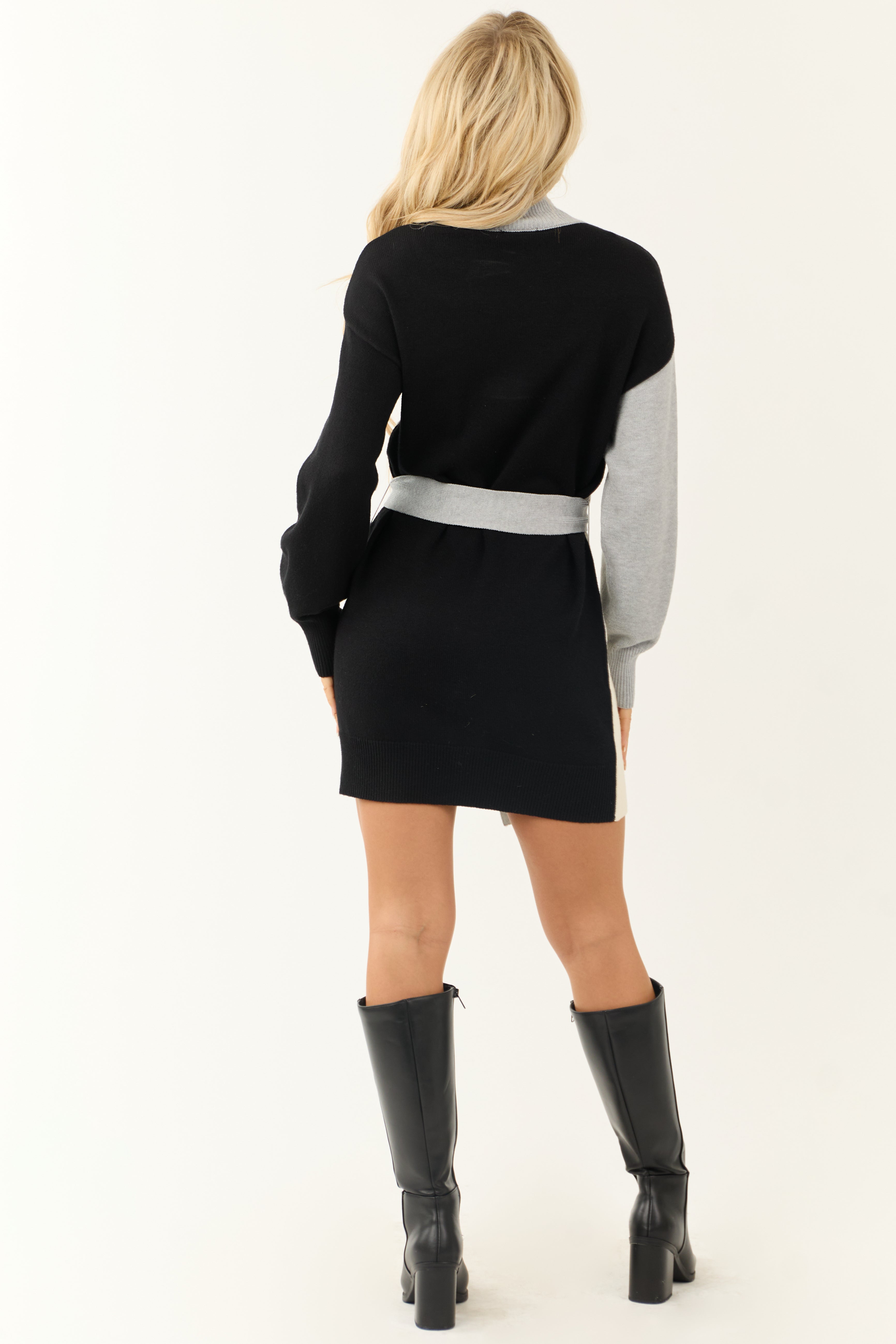 Cream Colorblock Belted Sweater Mini Dress-Newayad