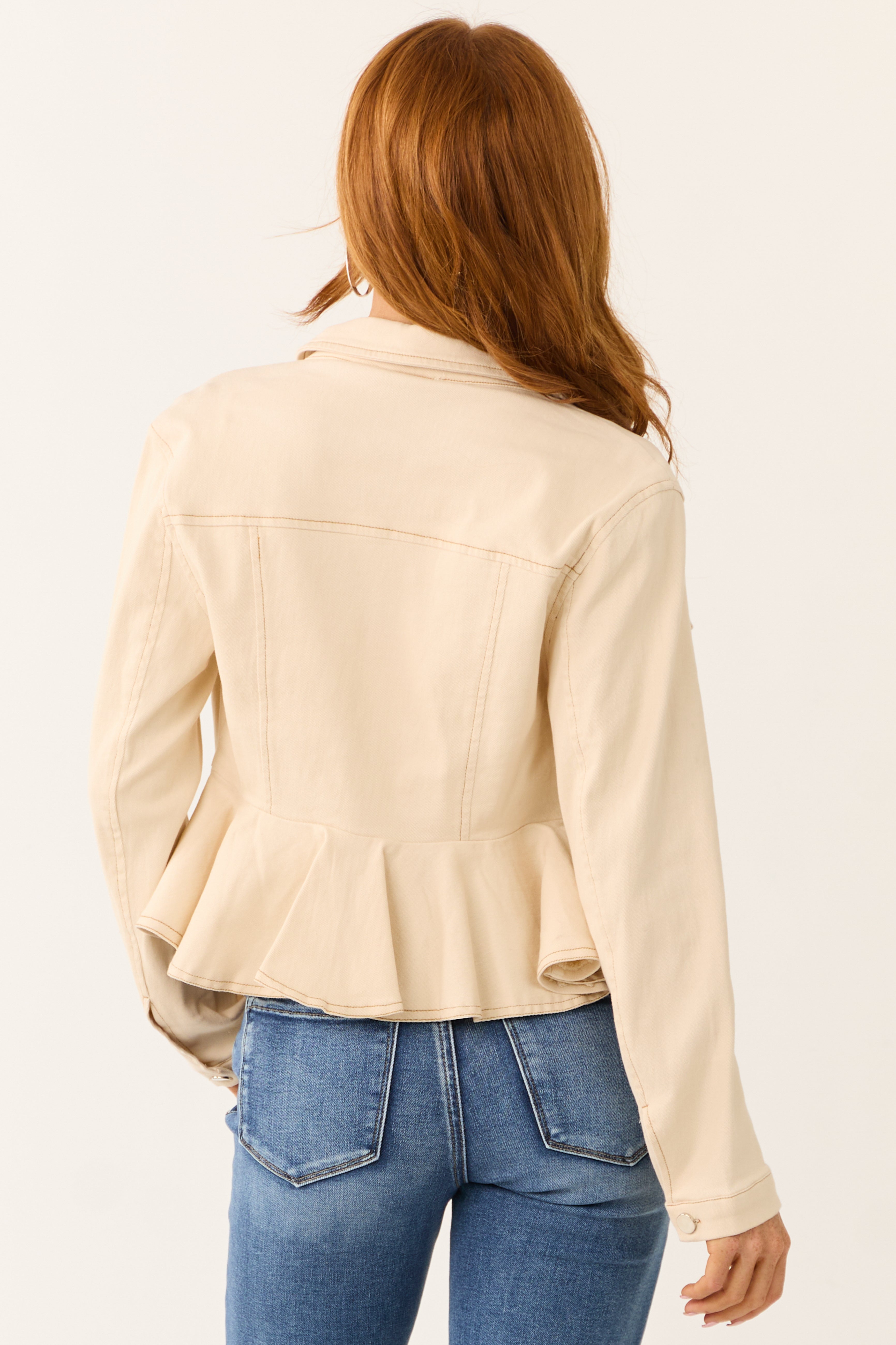 Cream Denim Button Up Collared Peplum Jacket-Newayad
