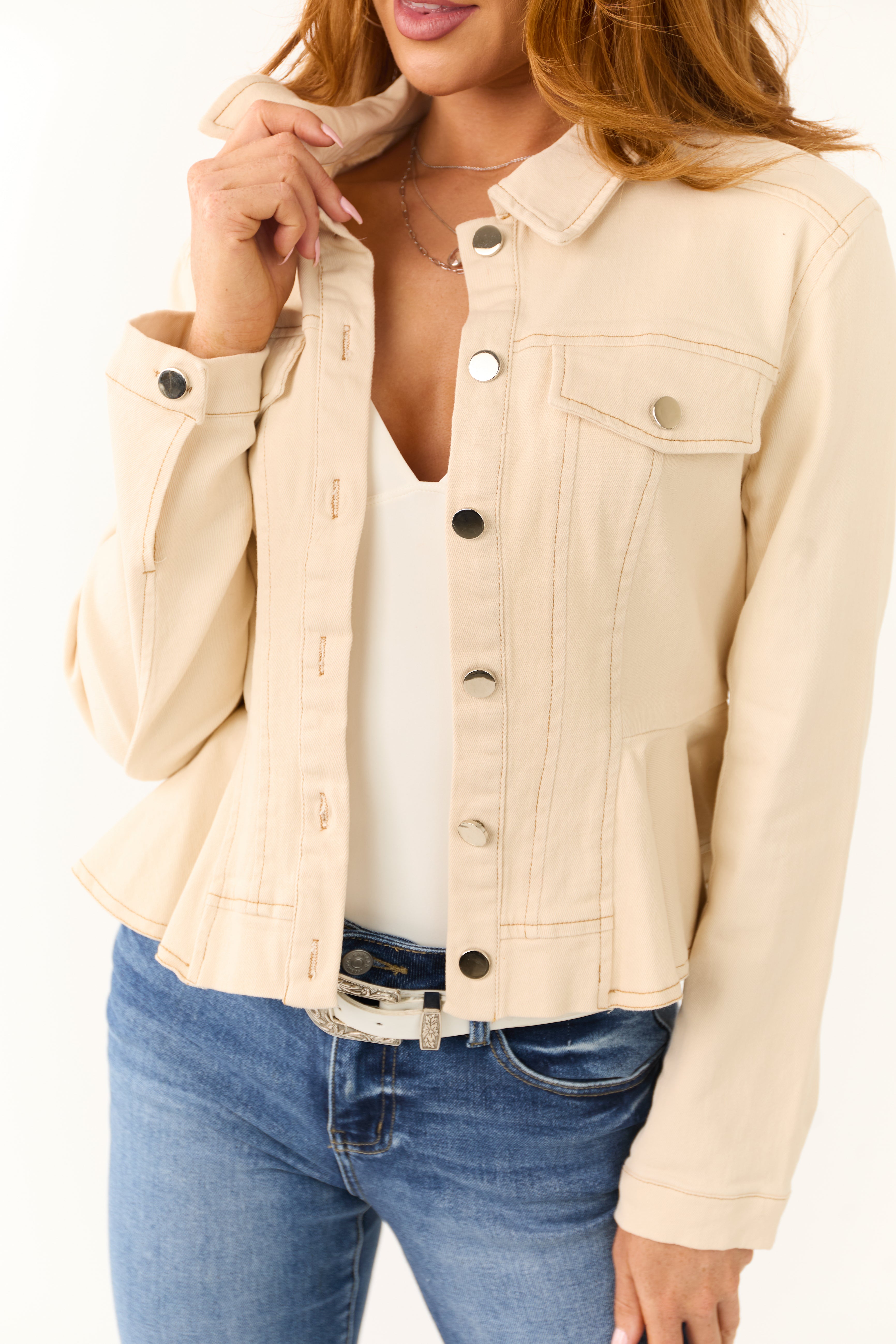 Cream Denim Button Up Collared Peplum Jacket-Newayad