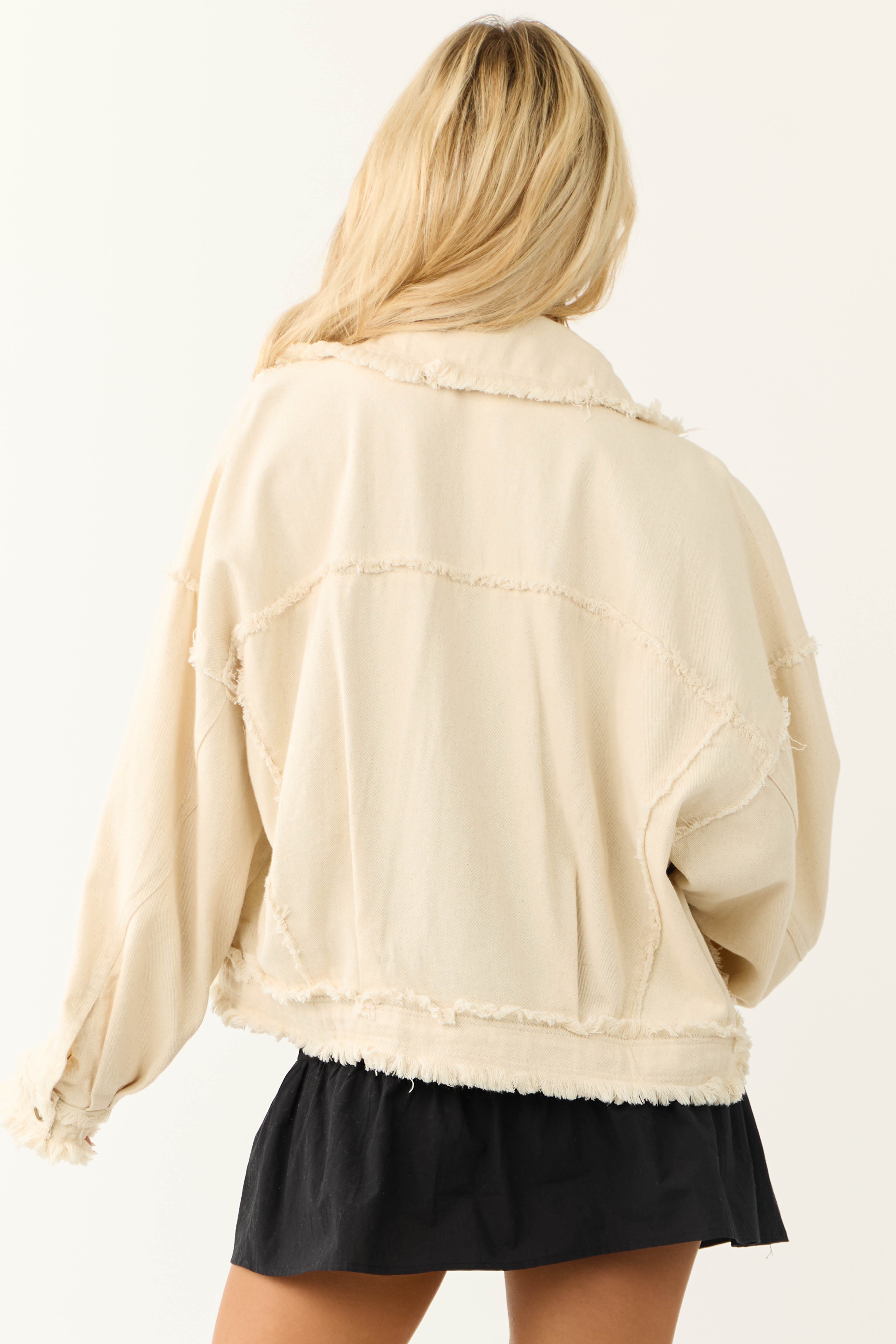 Cream Denim Frayed Button Down Collared Jacket-Newayad