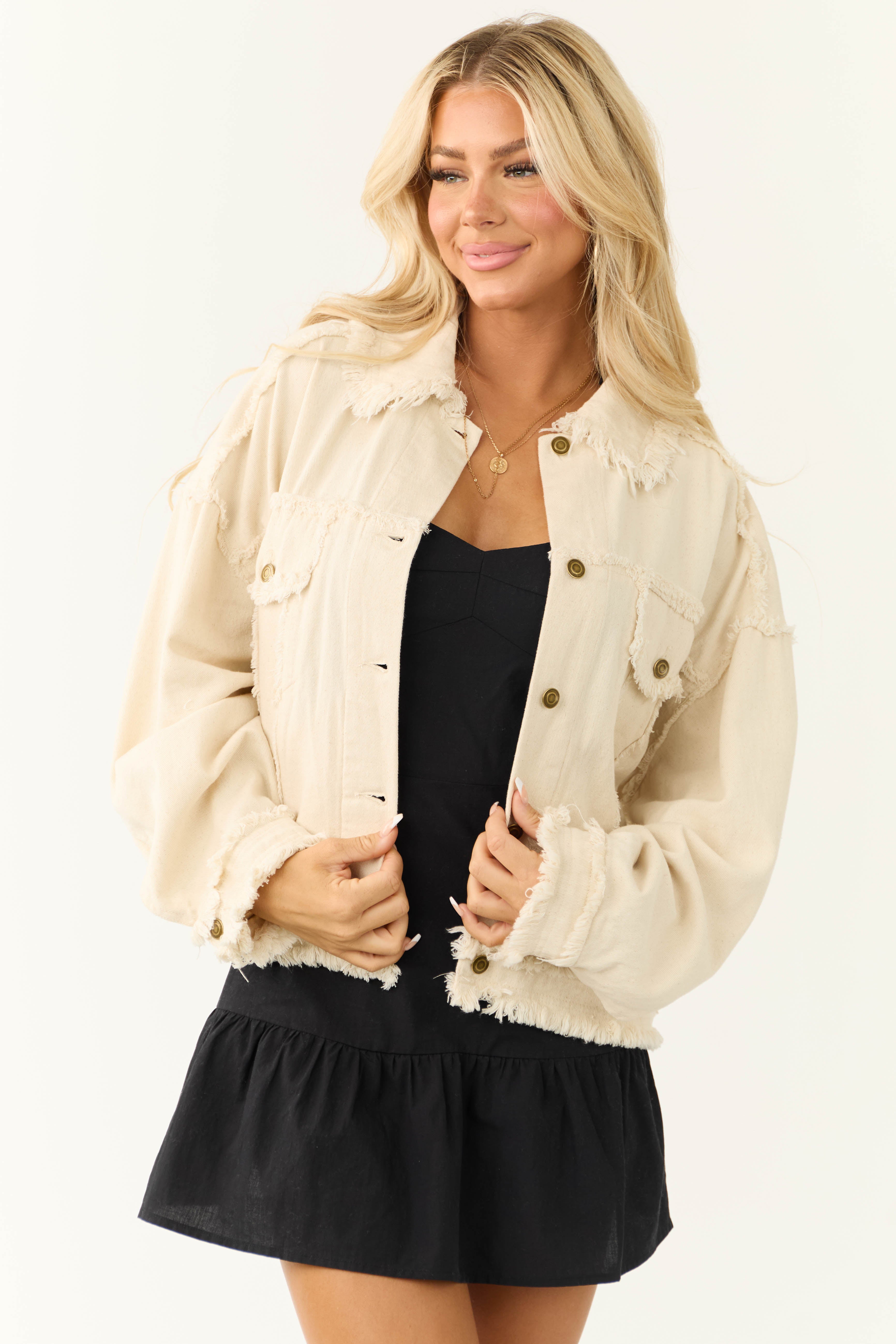 Cream Denim Frayed Button Down Collared Jacket-Newayad