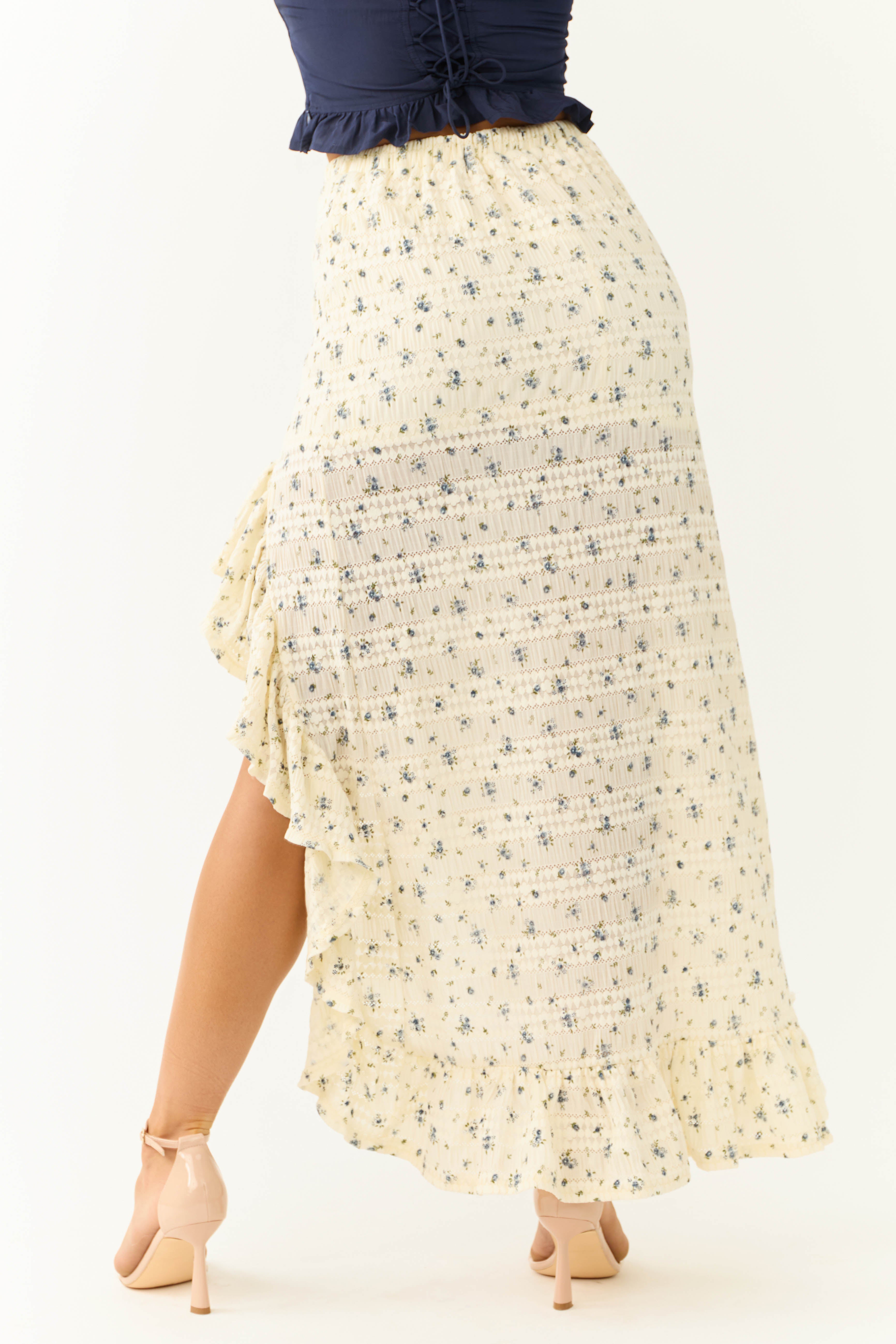 Cream Ditsy Floral Print Ruffle Maxi Skirt-Newayad