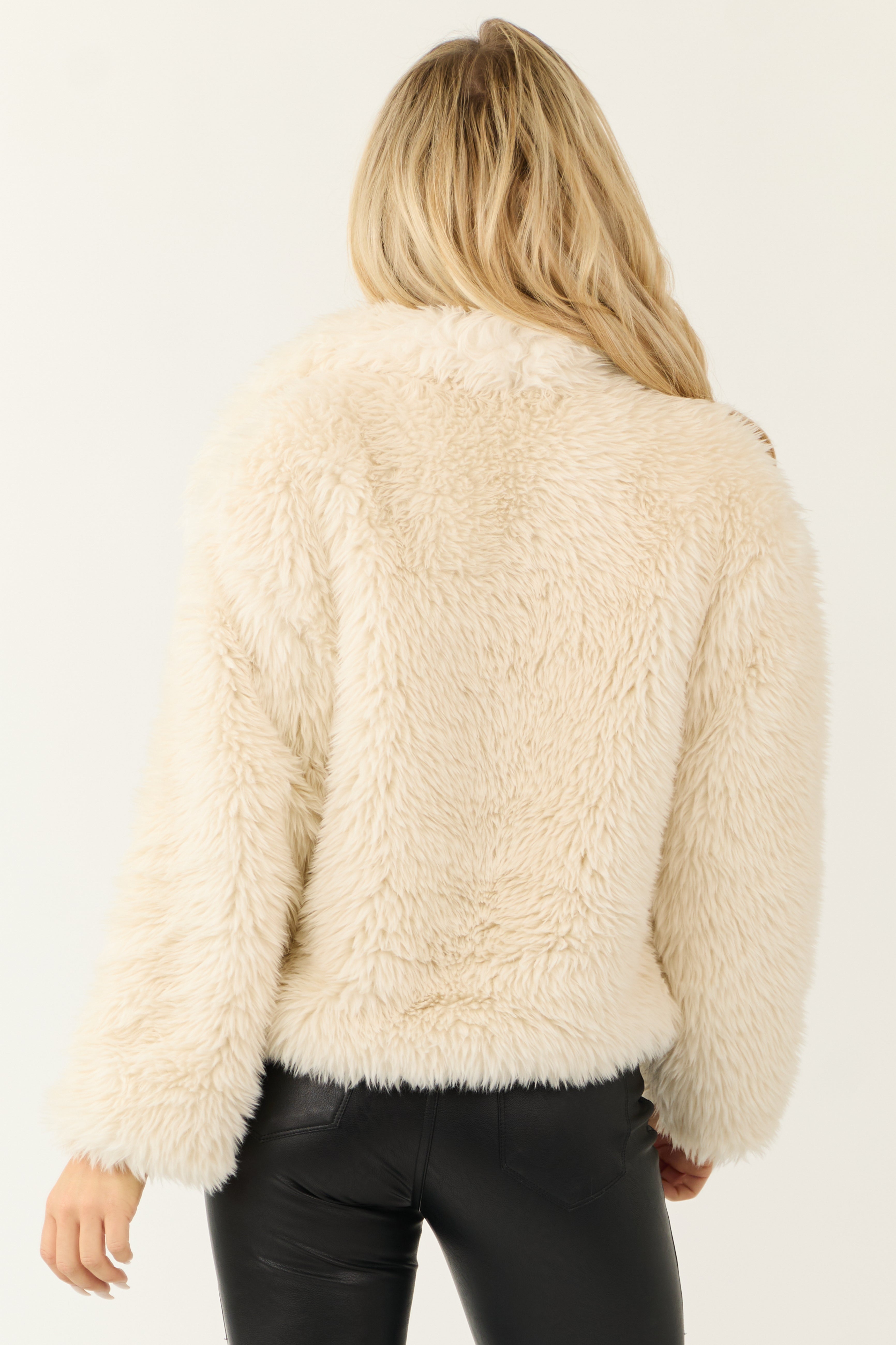 Cream Faux Fur Long Sleeve Snap Button Jacket-Newayad