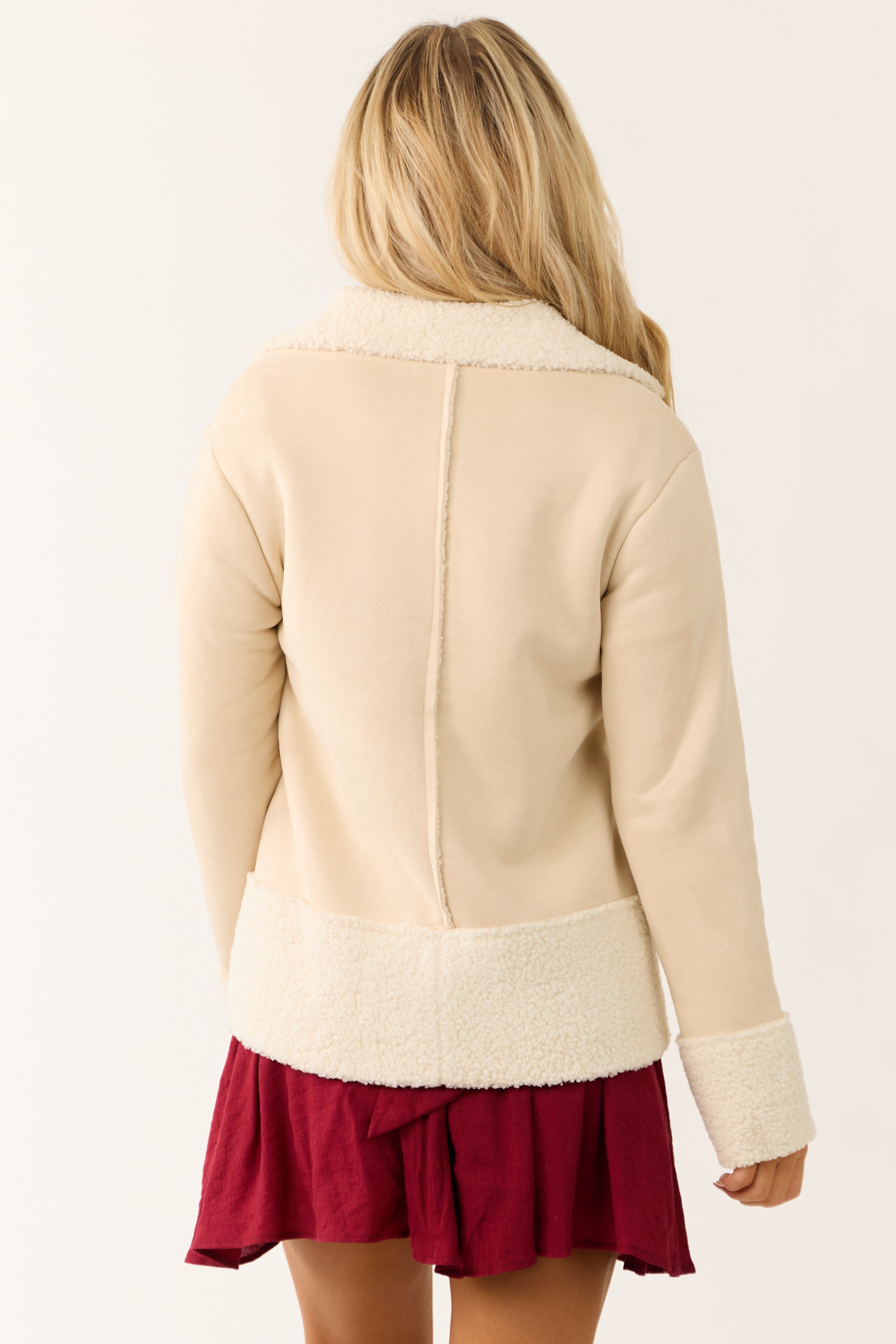 Cream  Faux Wool and Suede Button Up Jacket-Newayad