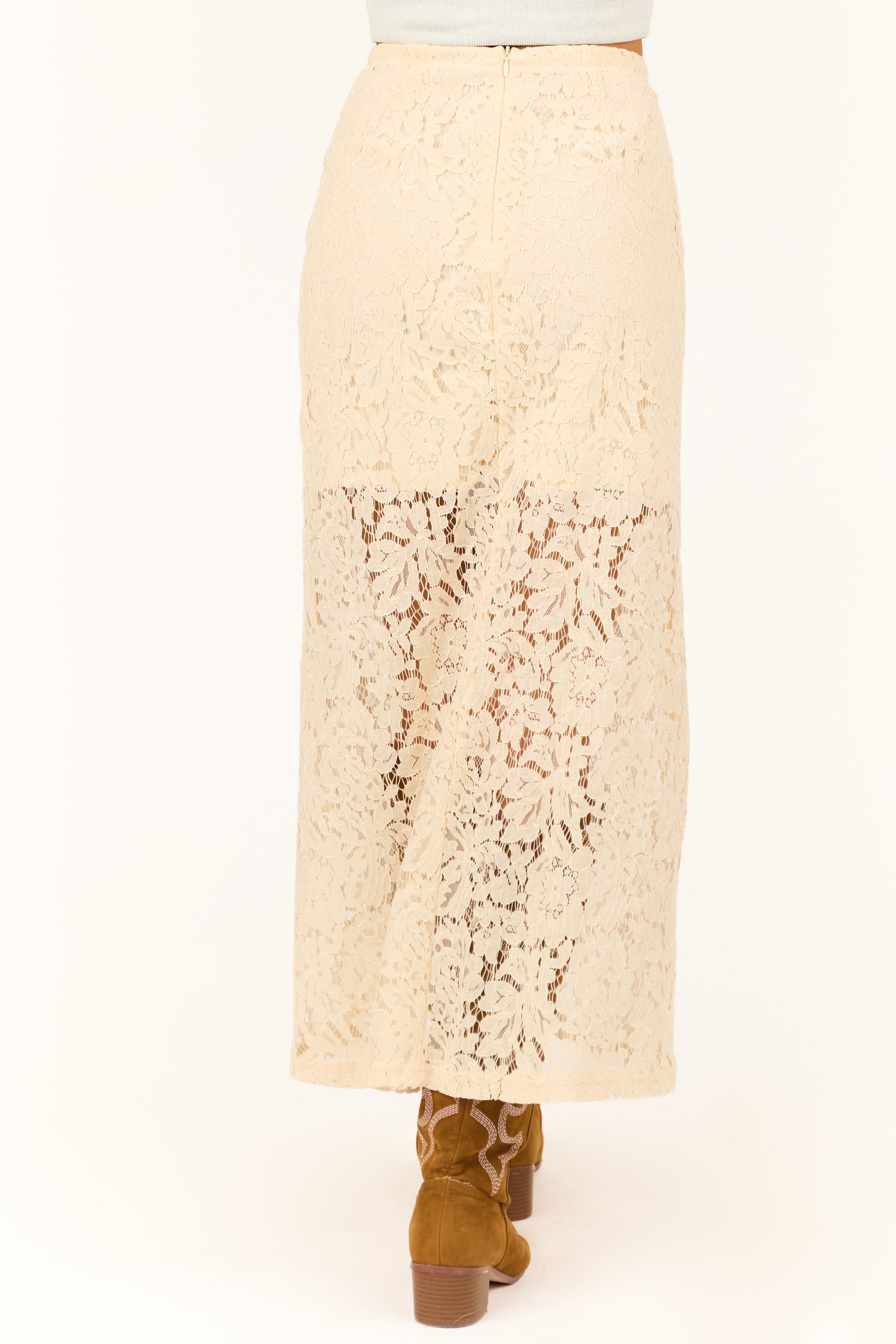 Cream Floral Lace Pencil Maxi Skirt-Newayad