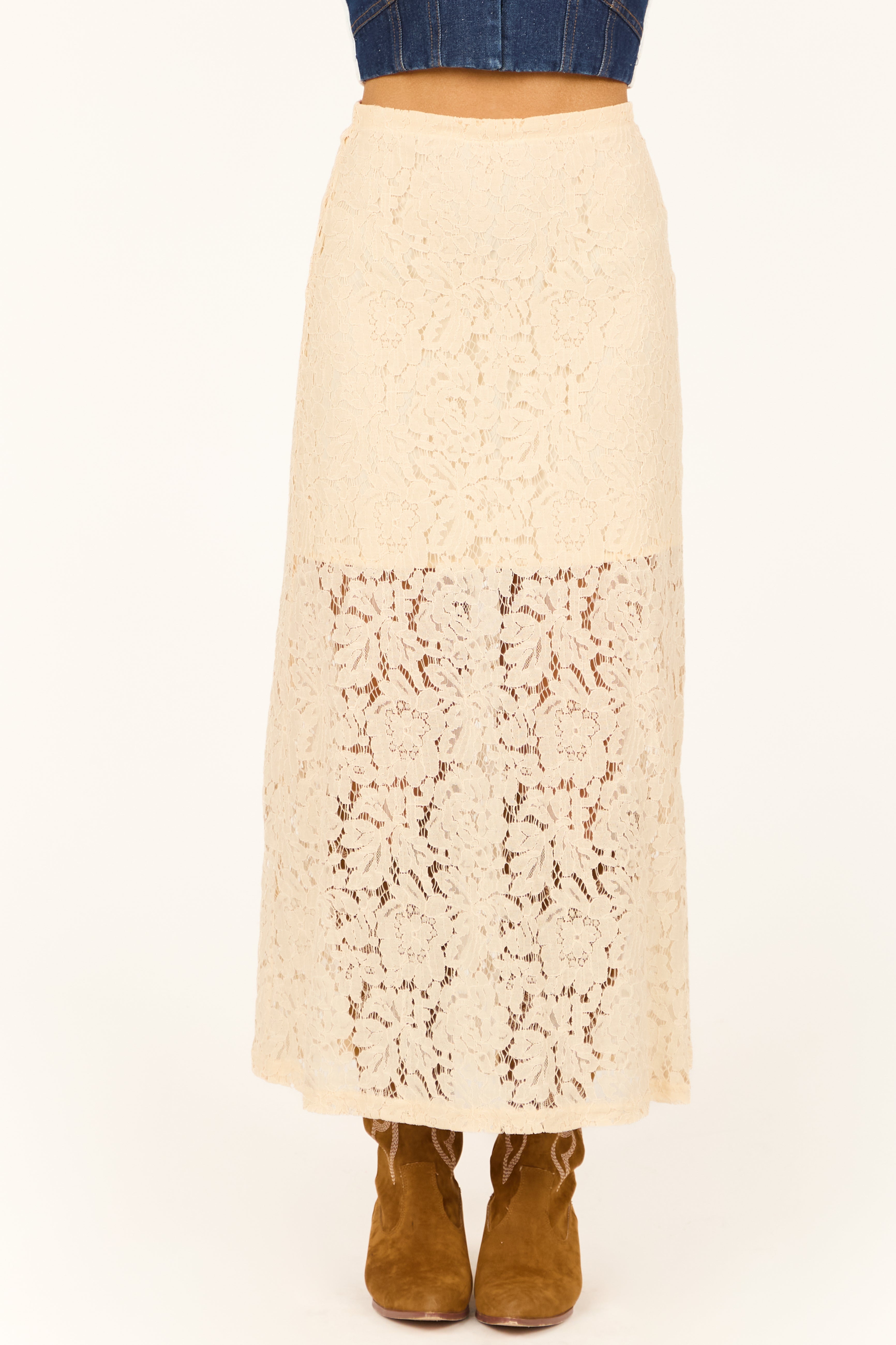 Cream Floral Lace Pencil Maxi Skirt-Newayad