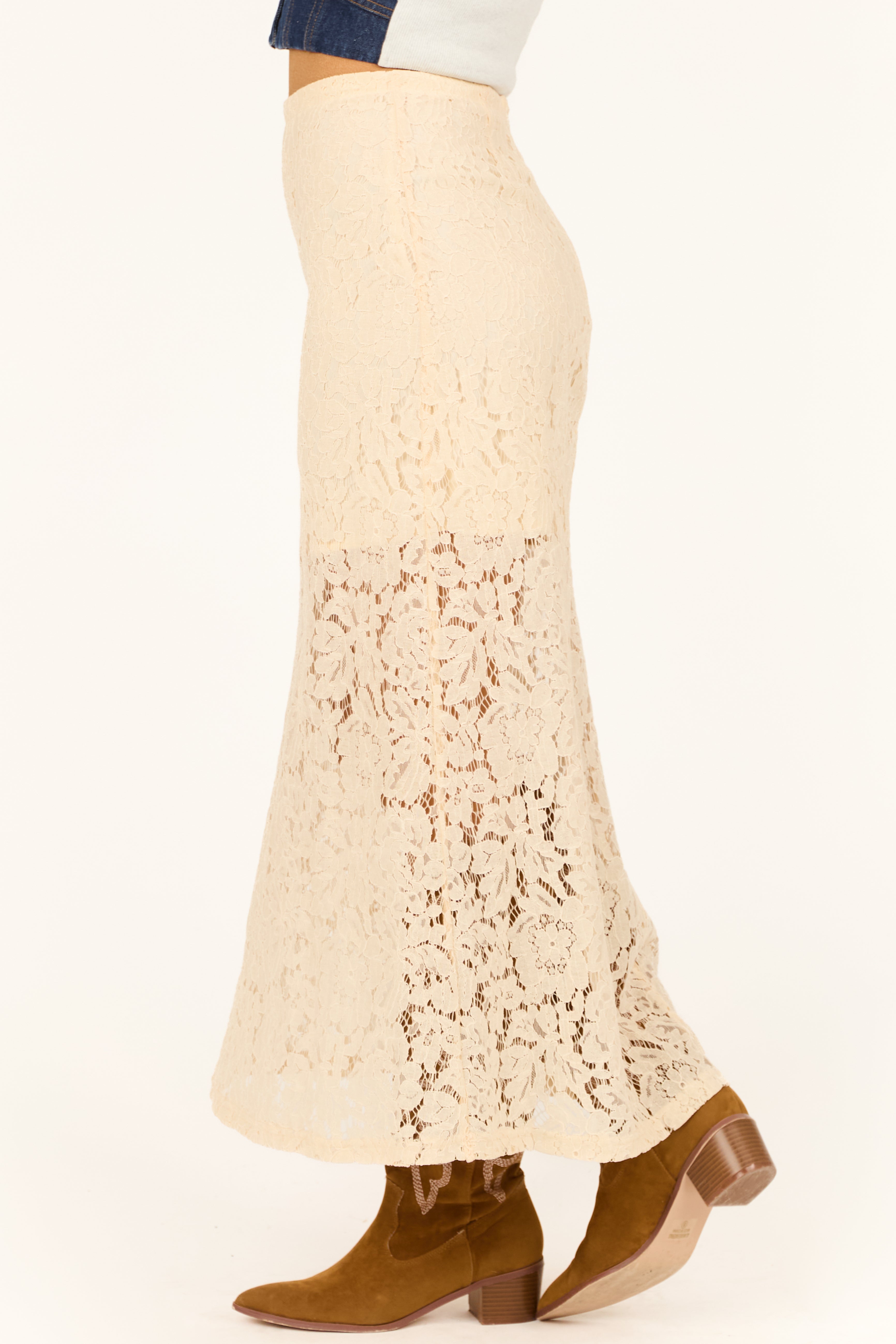 Cream Floral Lace Pencil Maxi Skirt-Newayad