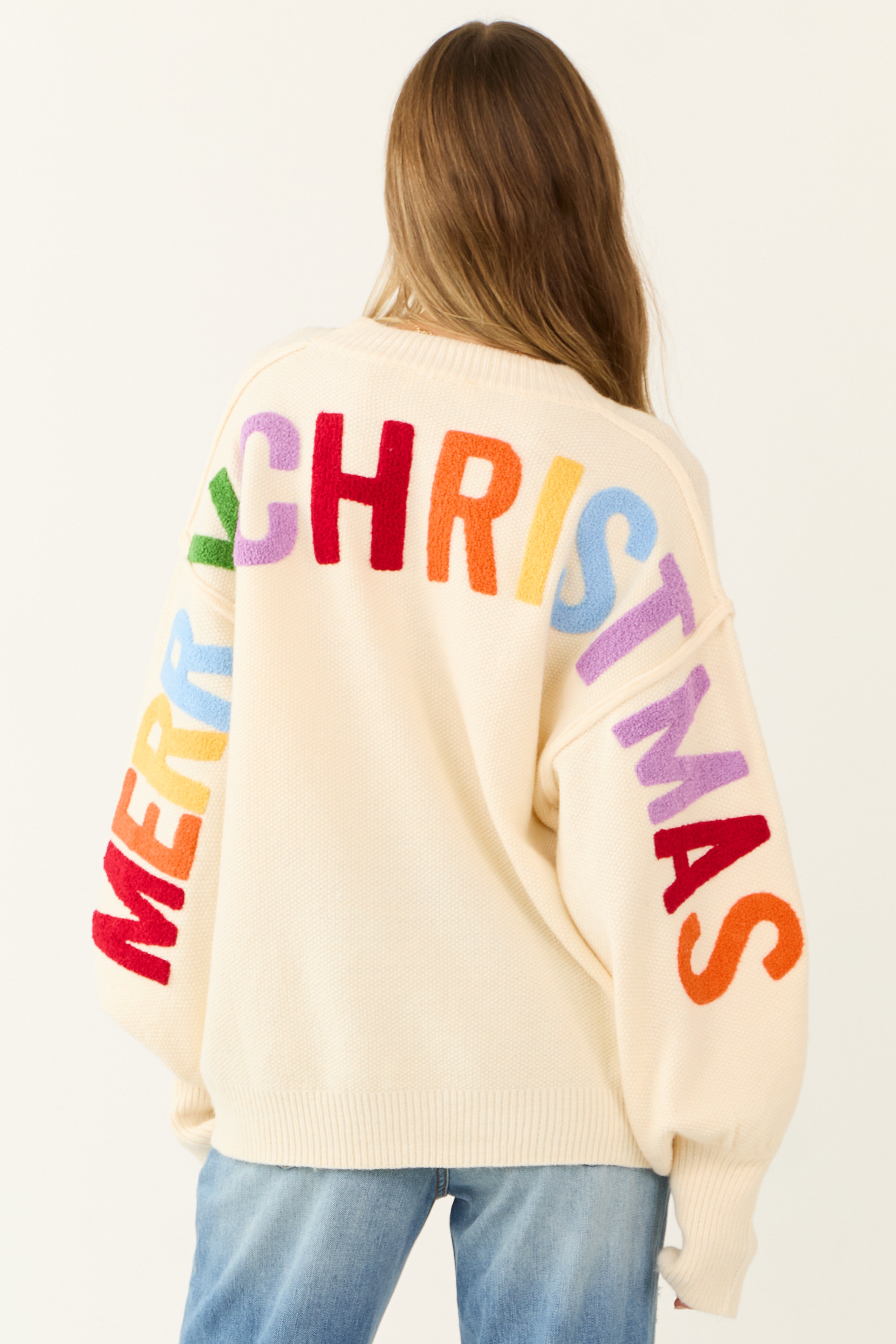 Cream HO HO HO Multicolor Graphic Knit Sweater-Newayad