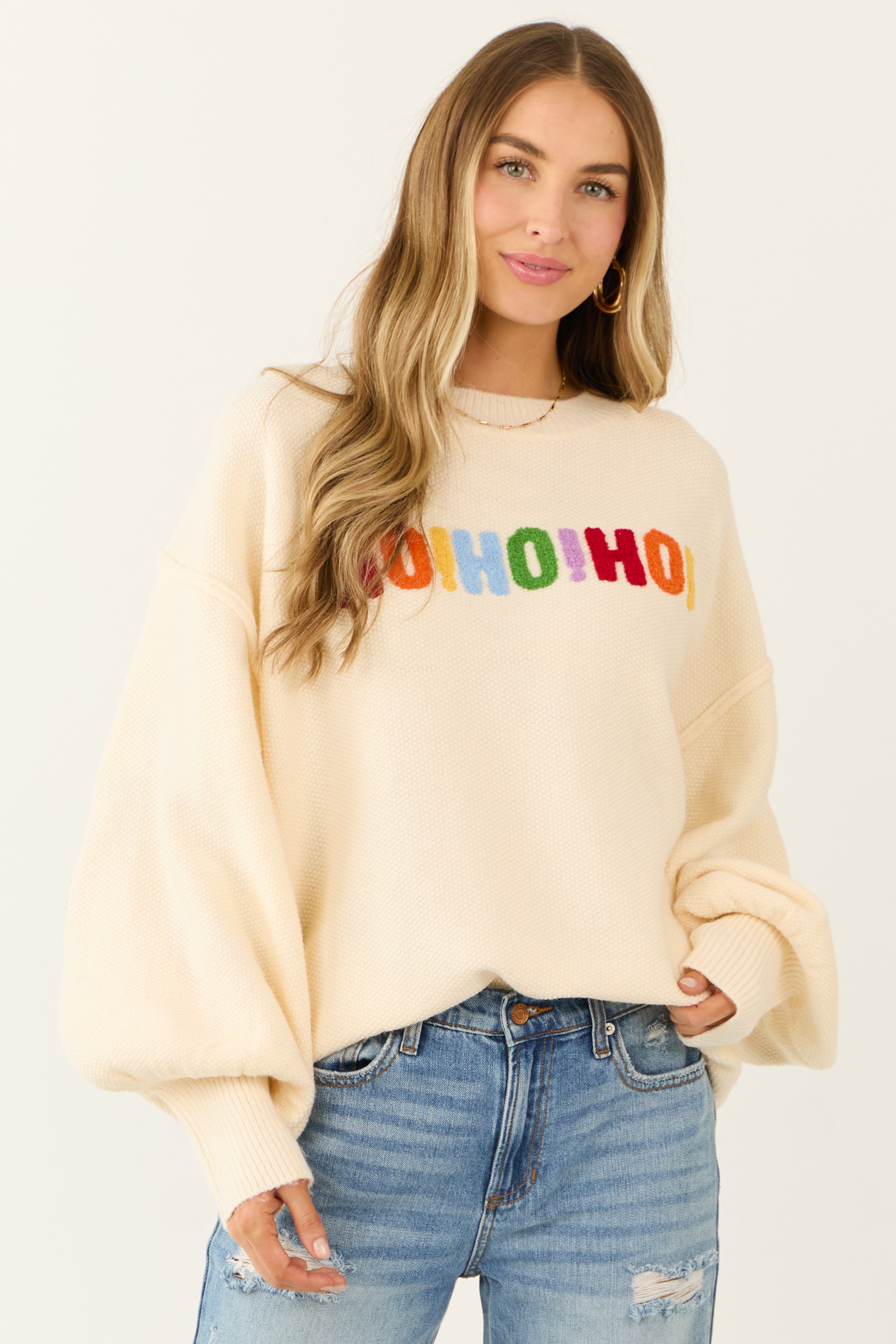 Cream HO HO HO Multicolor Graphic Knit Sweater-Newayad