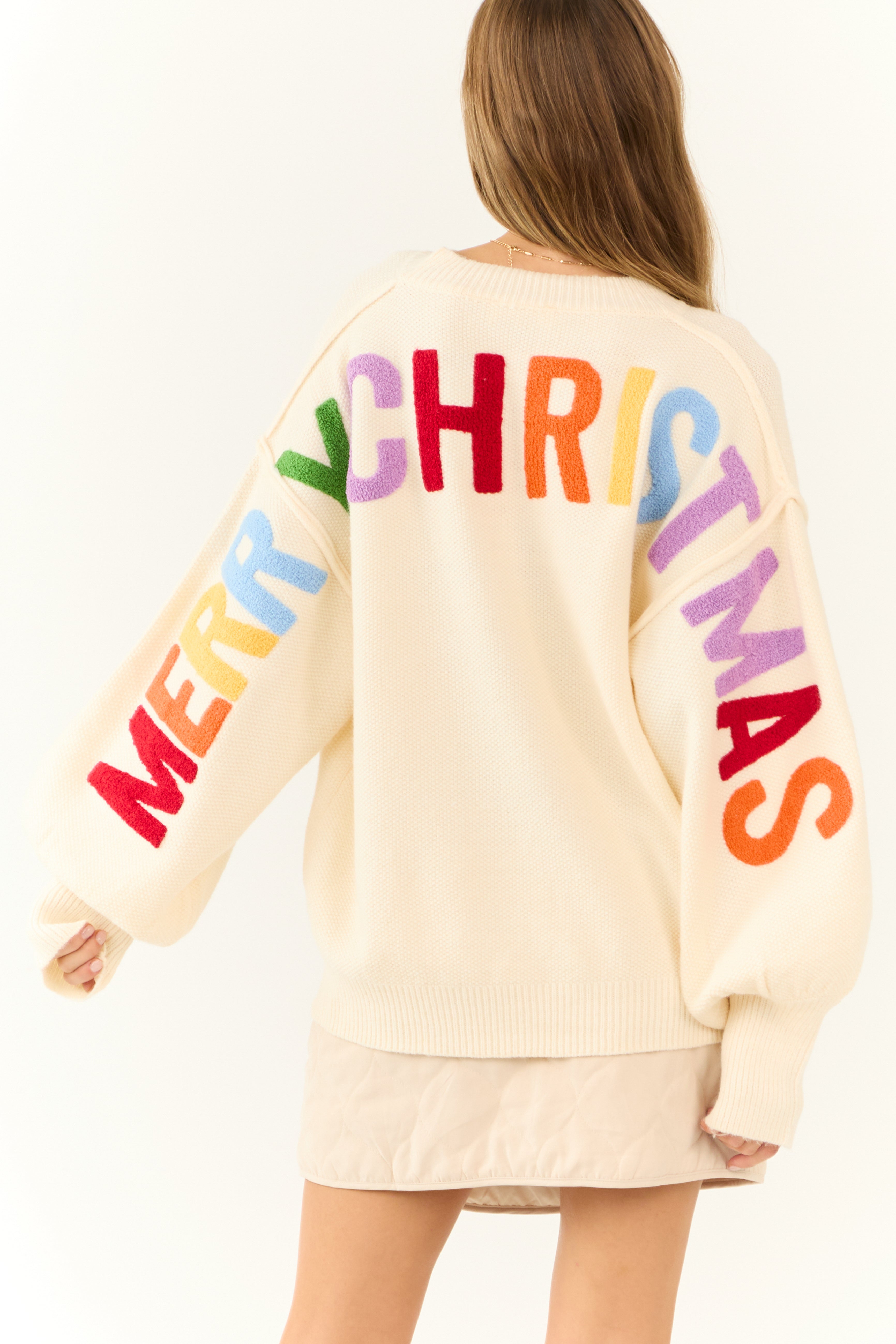 Cream HO HO HO Multicolor Graphic Knit Sweater-Newayad