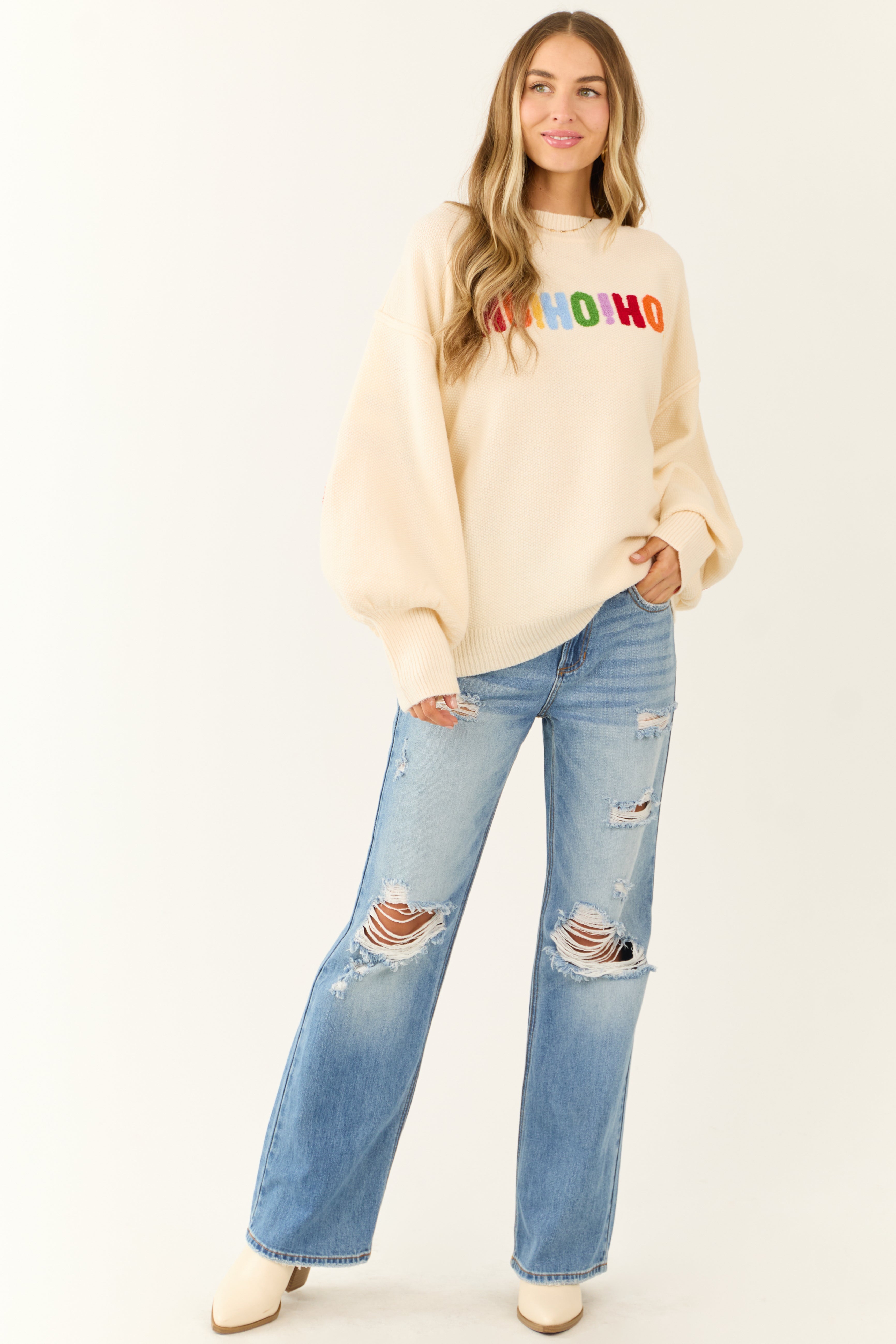 Cream HO HO HO Multicolor Graphic Knit Sweater-Newayad