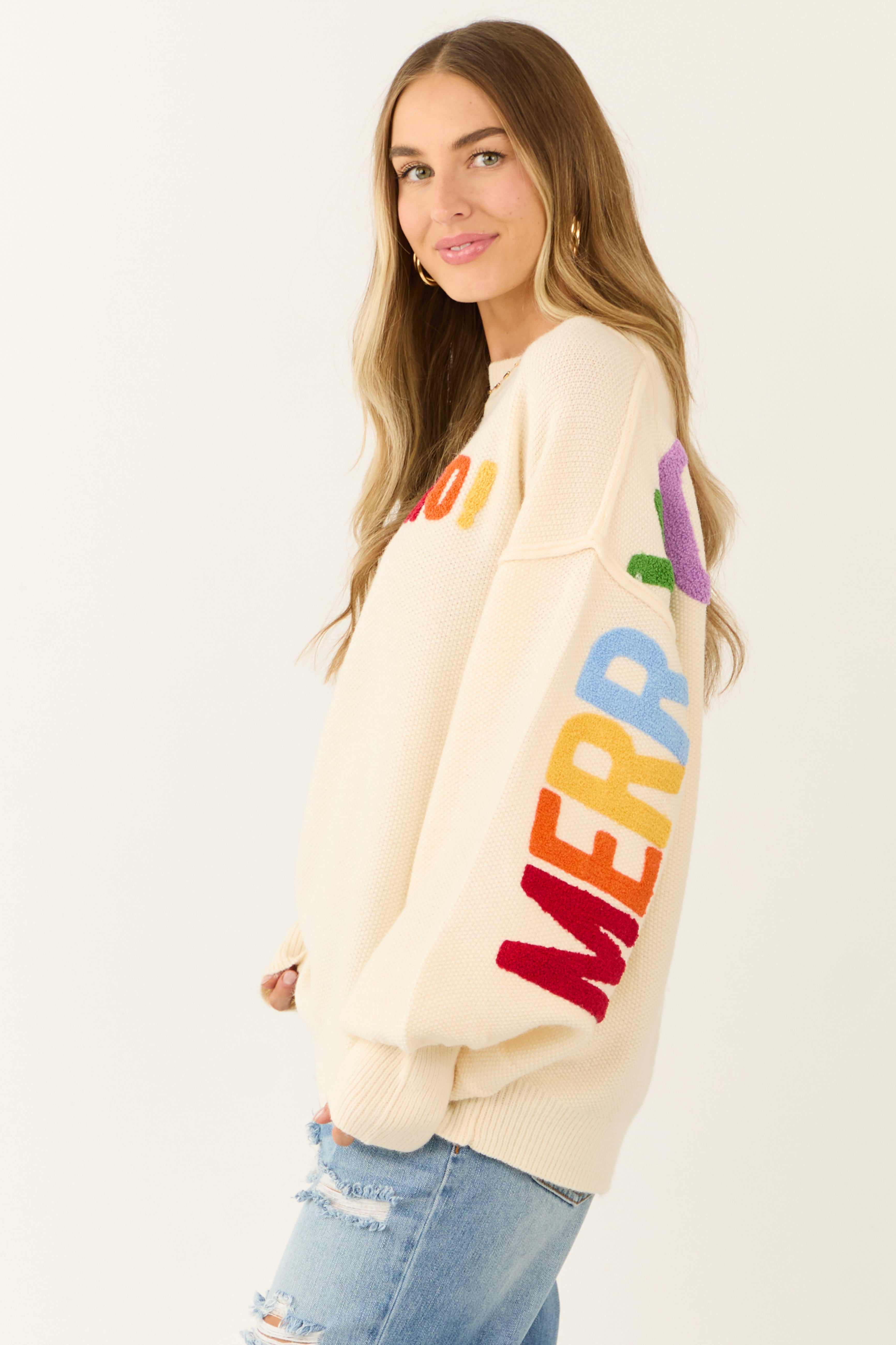Cream HO HO HO Multicolor Graphic Knit Sweater-Newayad