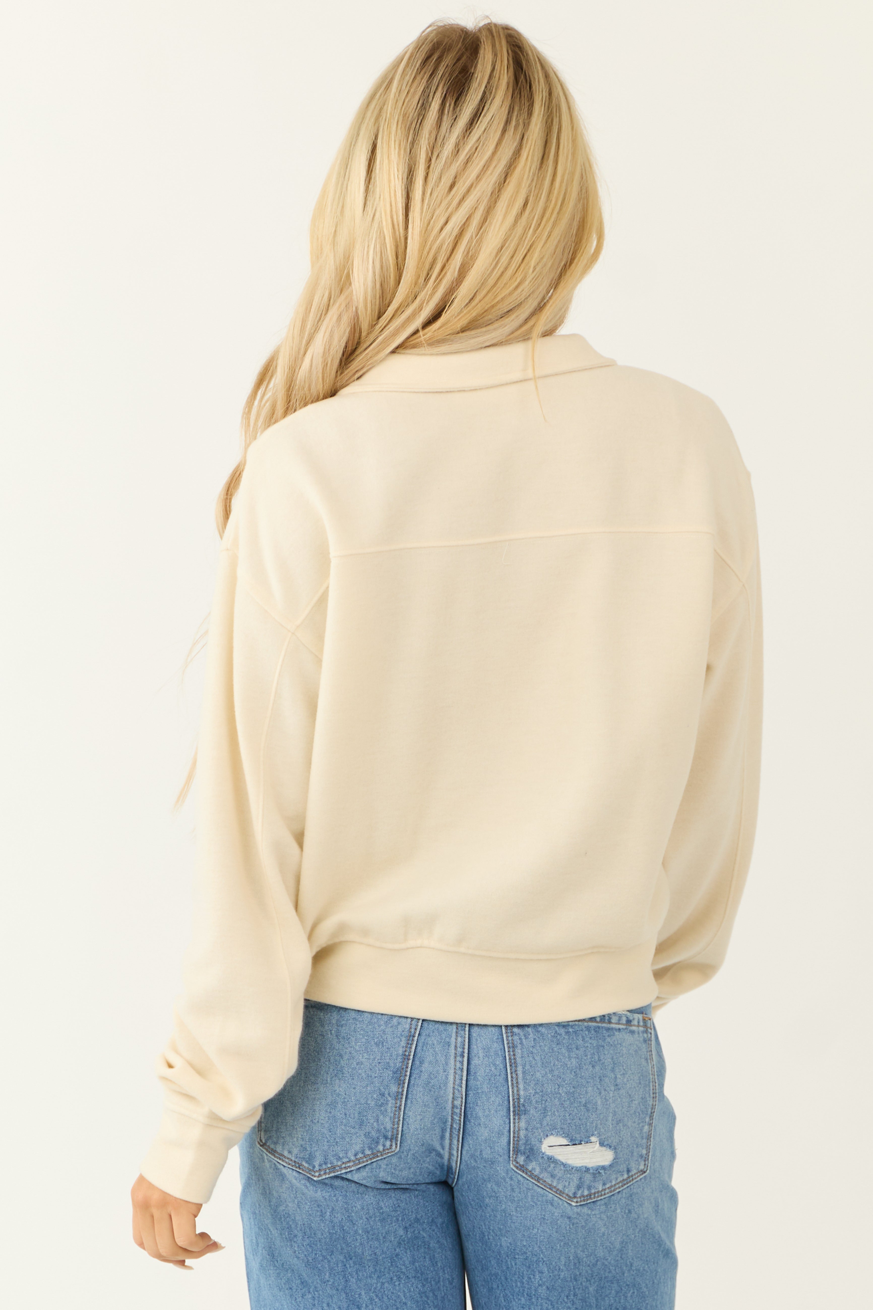 Cream Half Zip Up Knit Long Sleeve Sweatshirt-Newayad