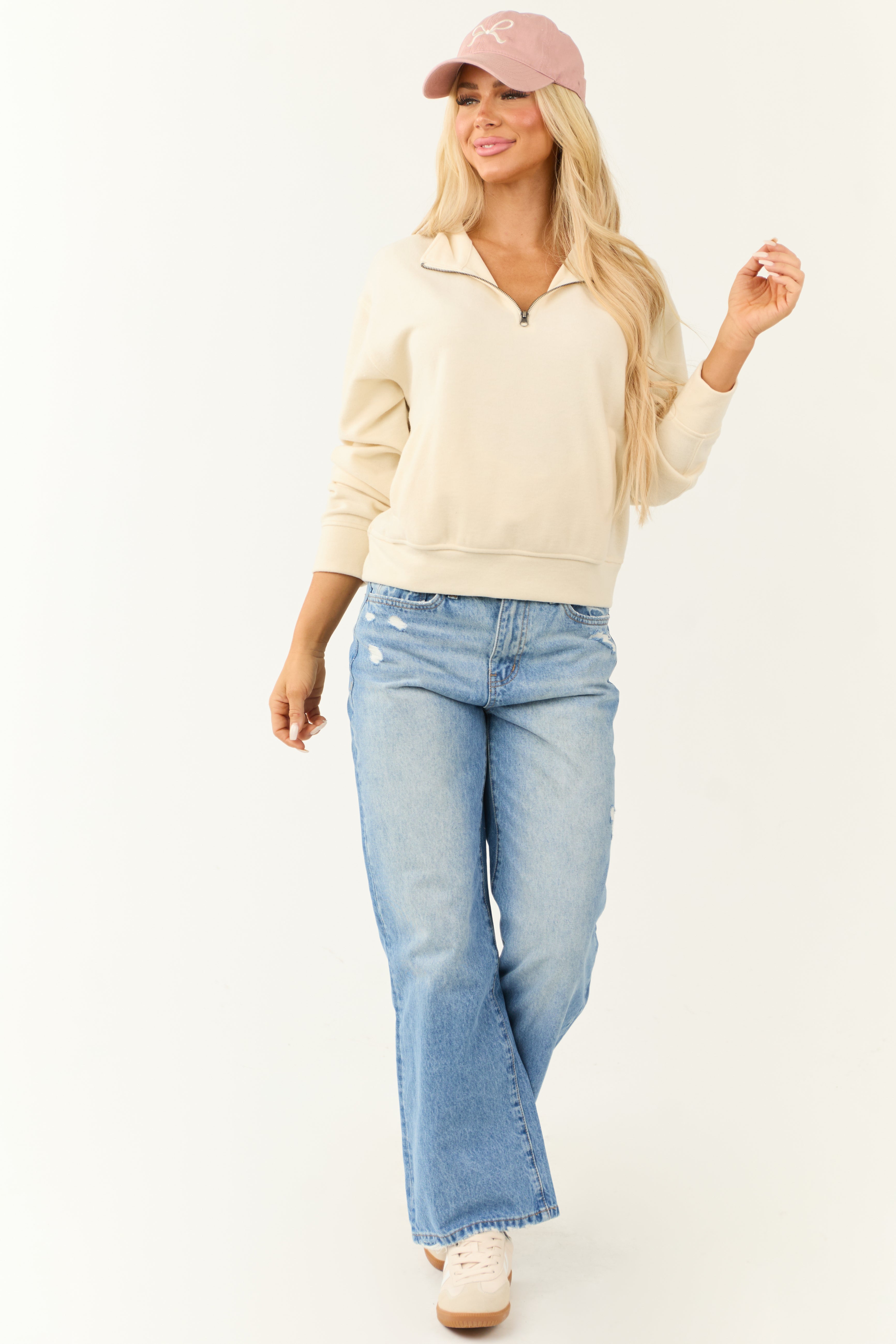 Cream Half Zip Up Knit Long Sleeve Sweatshirt-Newayad