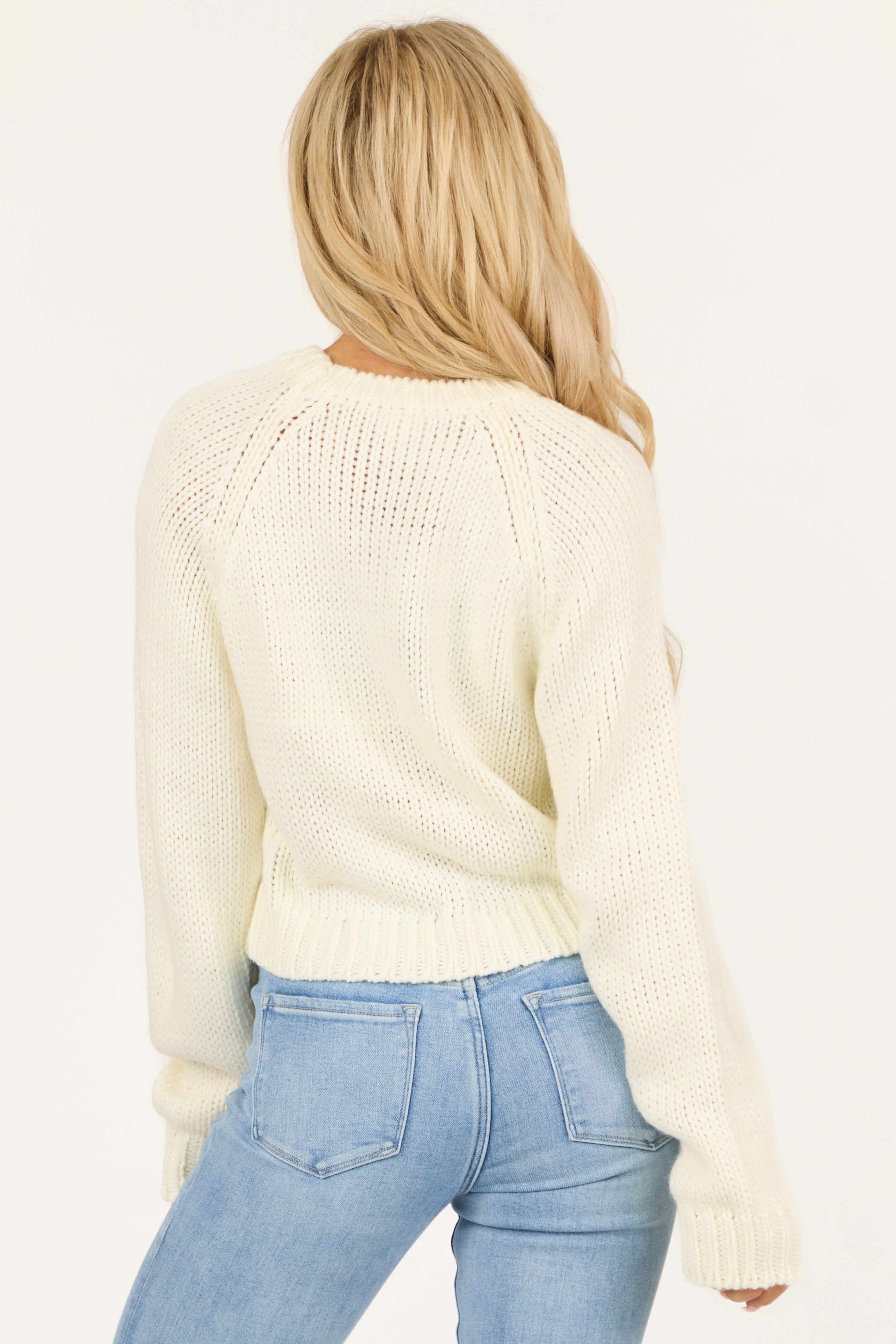 Cream Heart Detail Long Sleeve Cropped Sweater-Newayad