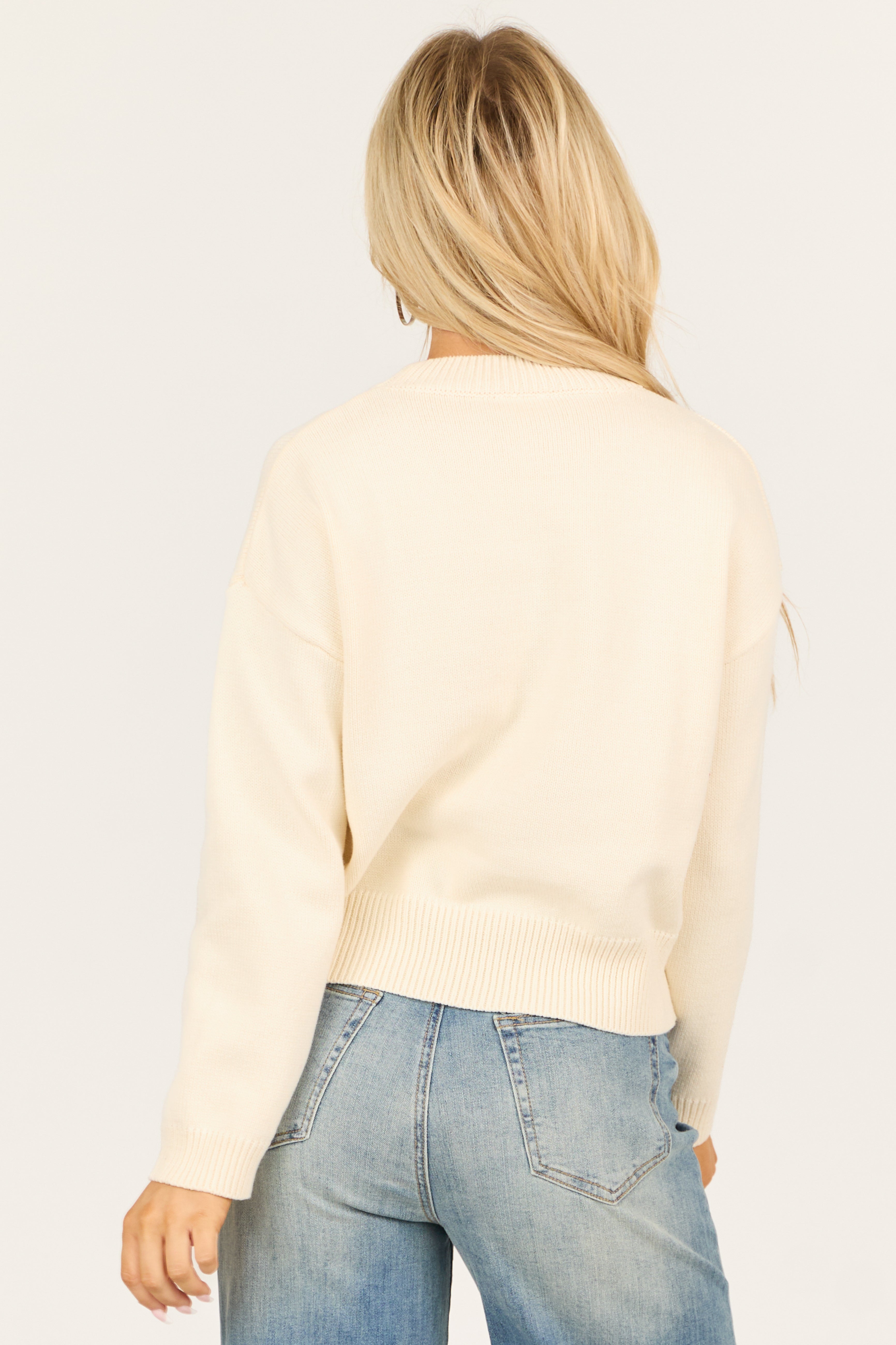 Cream High Neck 'LOVE' Intarsia Long Sleeve Sweater-Newayad