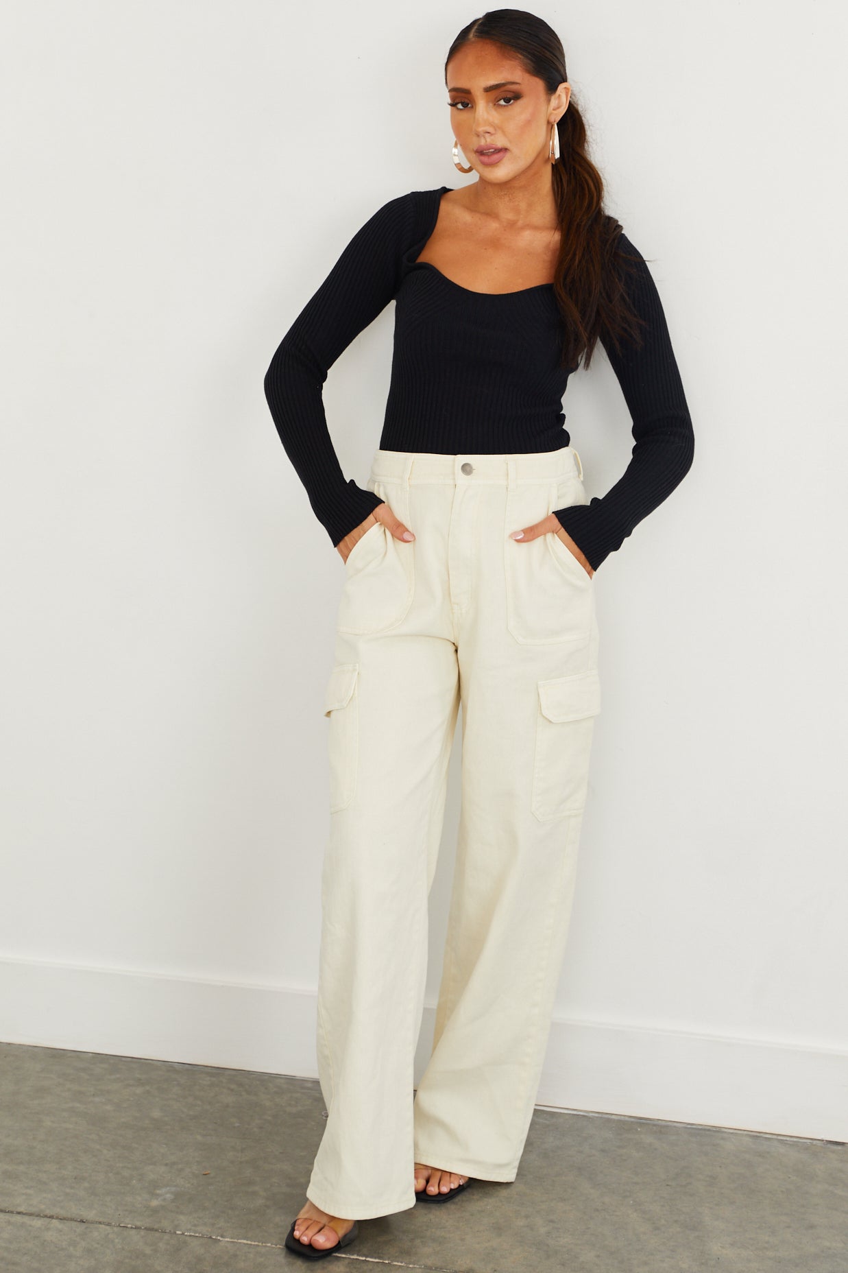 HYFVE Cream High Waisted Cargo Jeans-Newayad