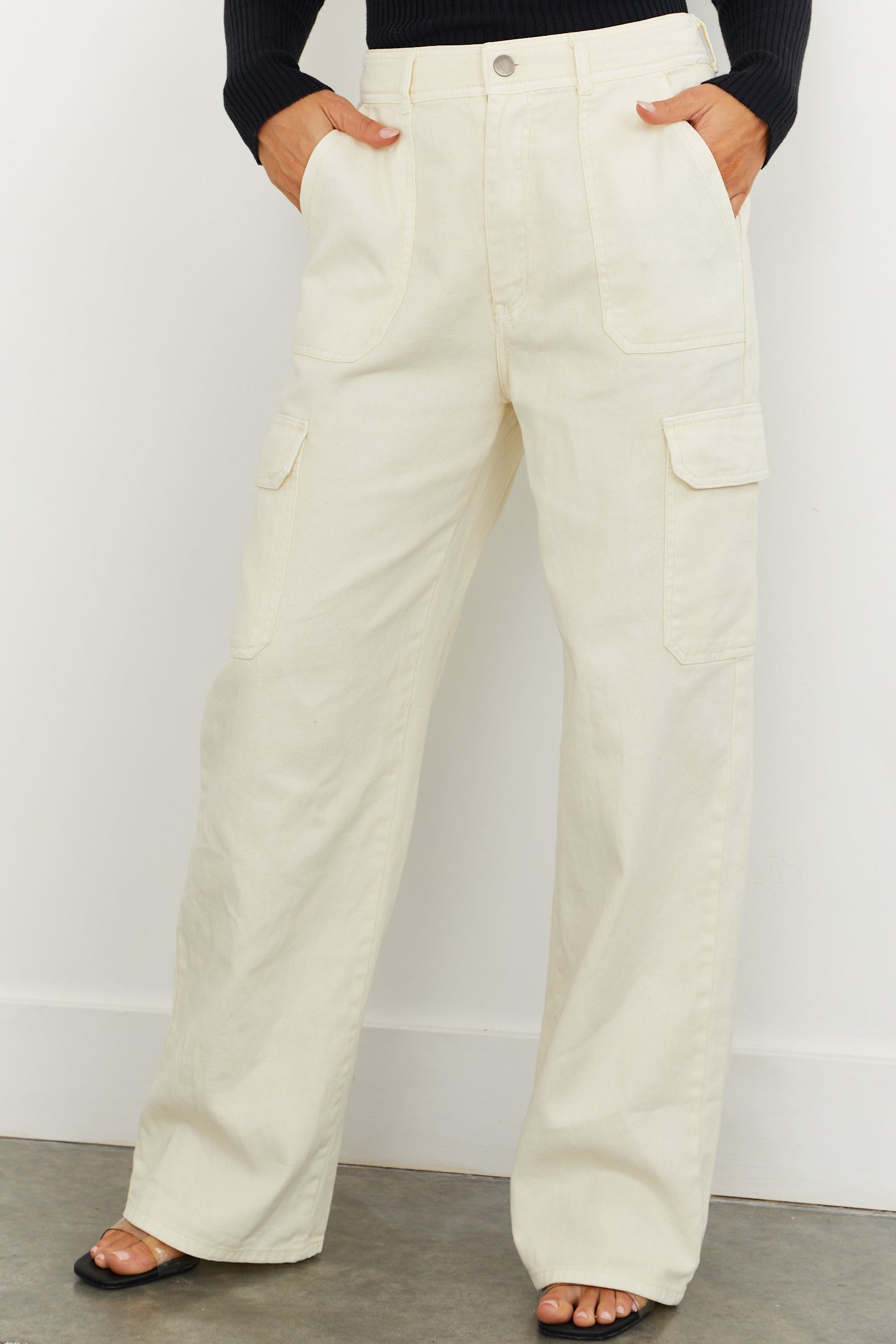 HYFVE Cream High Waisted Cargo Jeans-Newayad