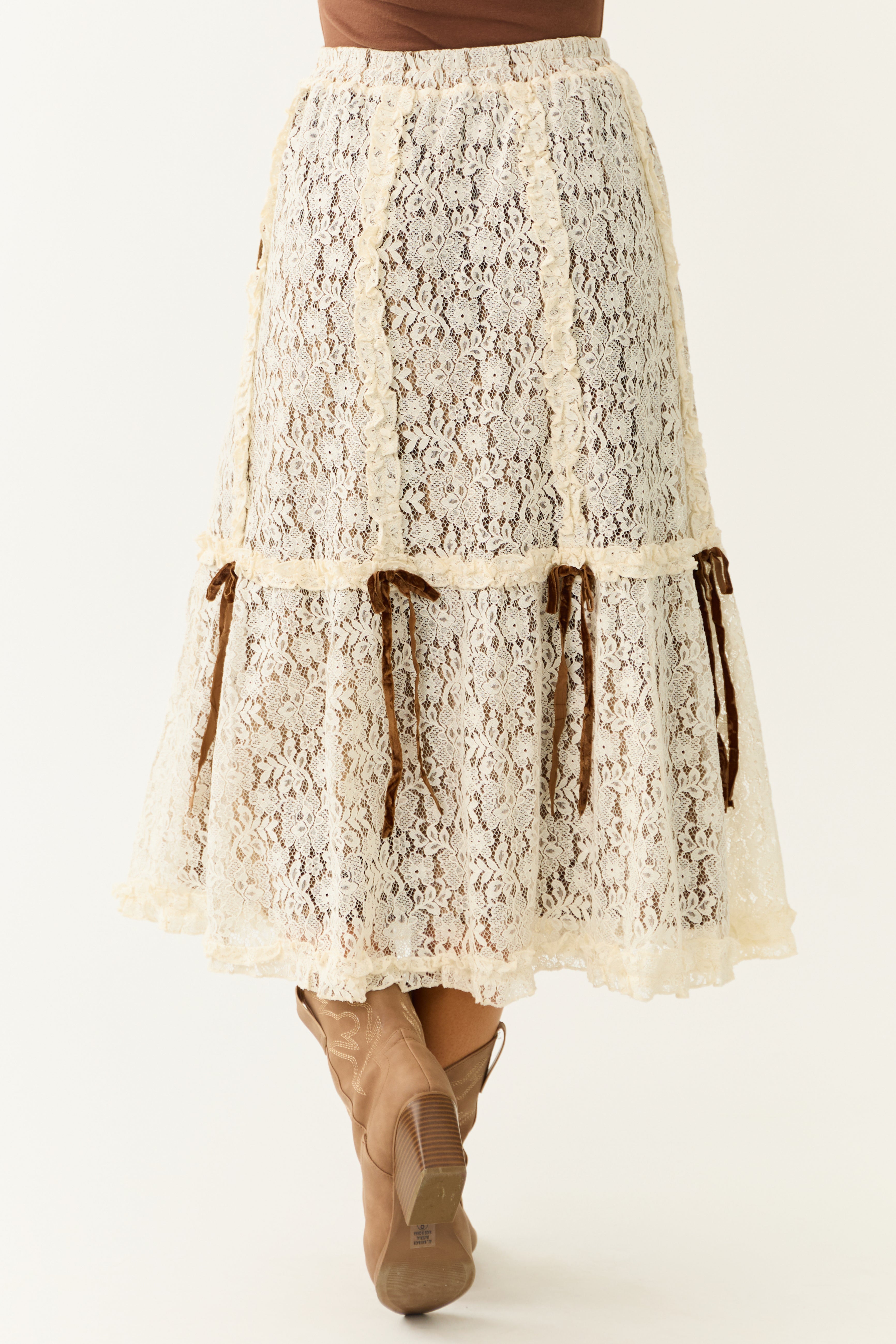 Cream Lace & Cocoa Velvet Tiered Midi Skirt with Bow Detail-Newayad