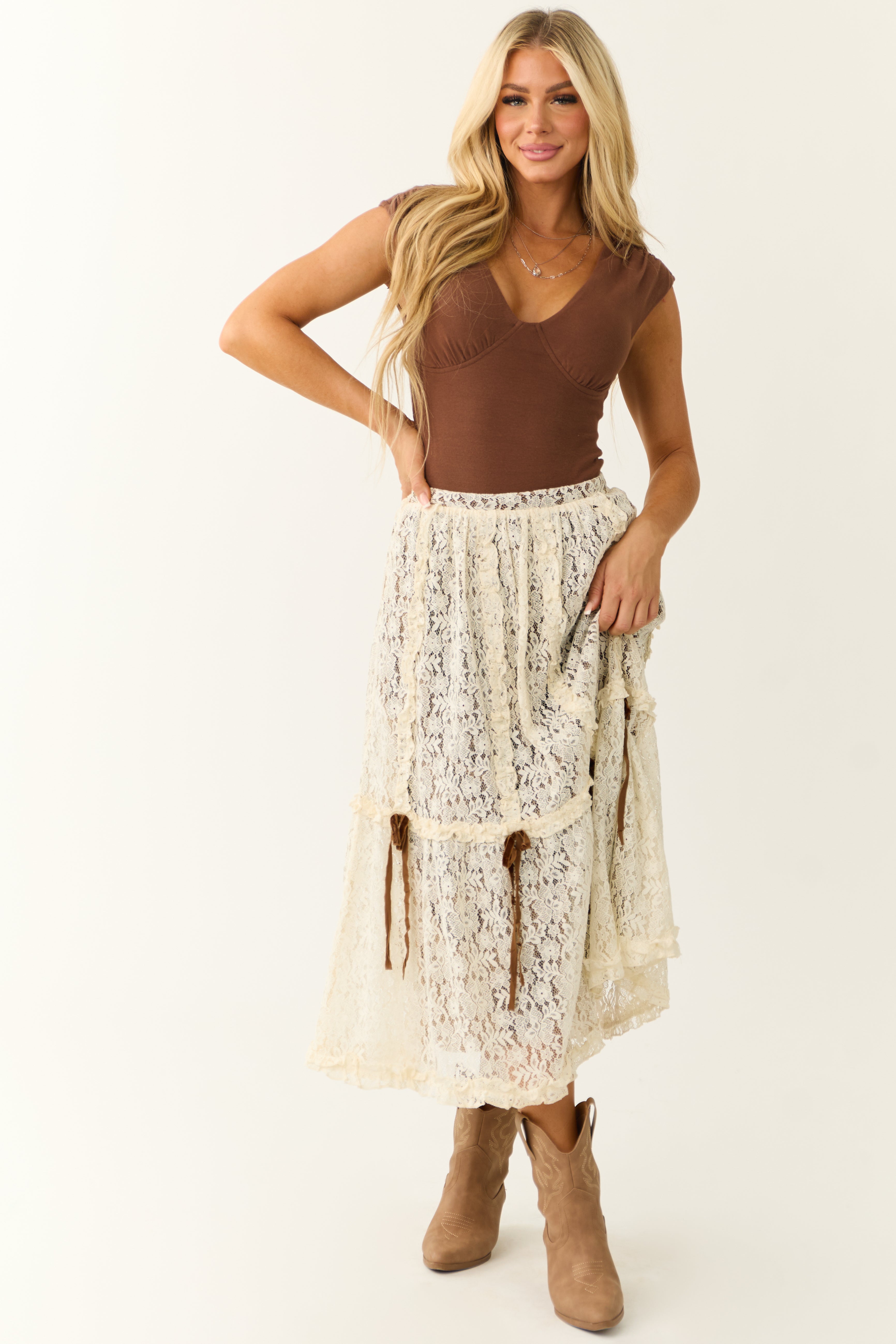 Cream Lace & Cocoa Velvet Tiered Midi Skirt with Bow Detail-Newayad