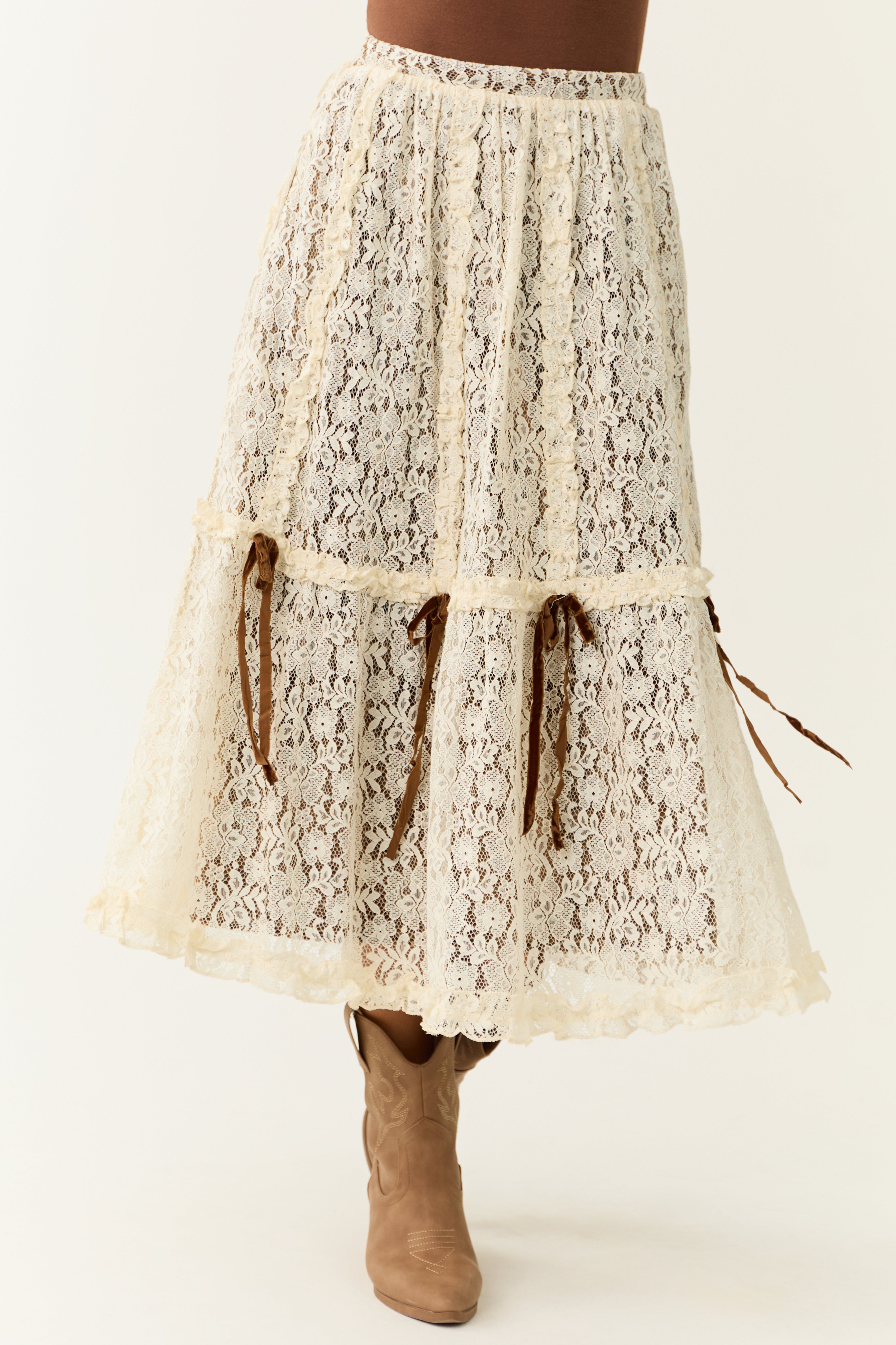 Cream Lace & Cocoa Velvet Tiered Midi Skirt with Bow Detail-Newayad
