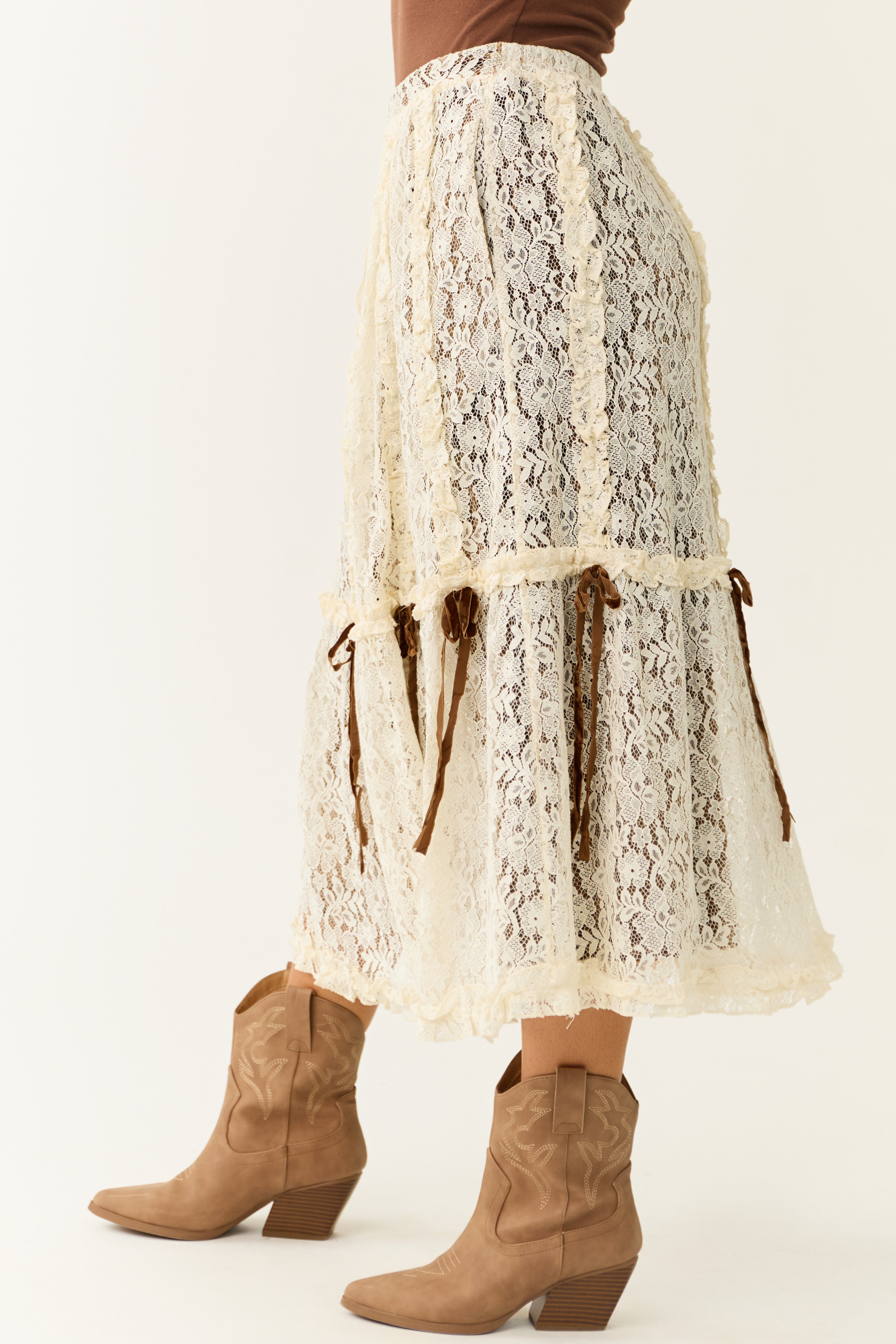 Cream Lace & Cocoa Velvet Tiered Midi Skirt with Bow Detail-Newayad
