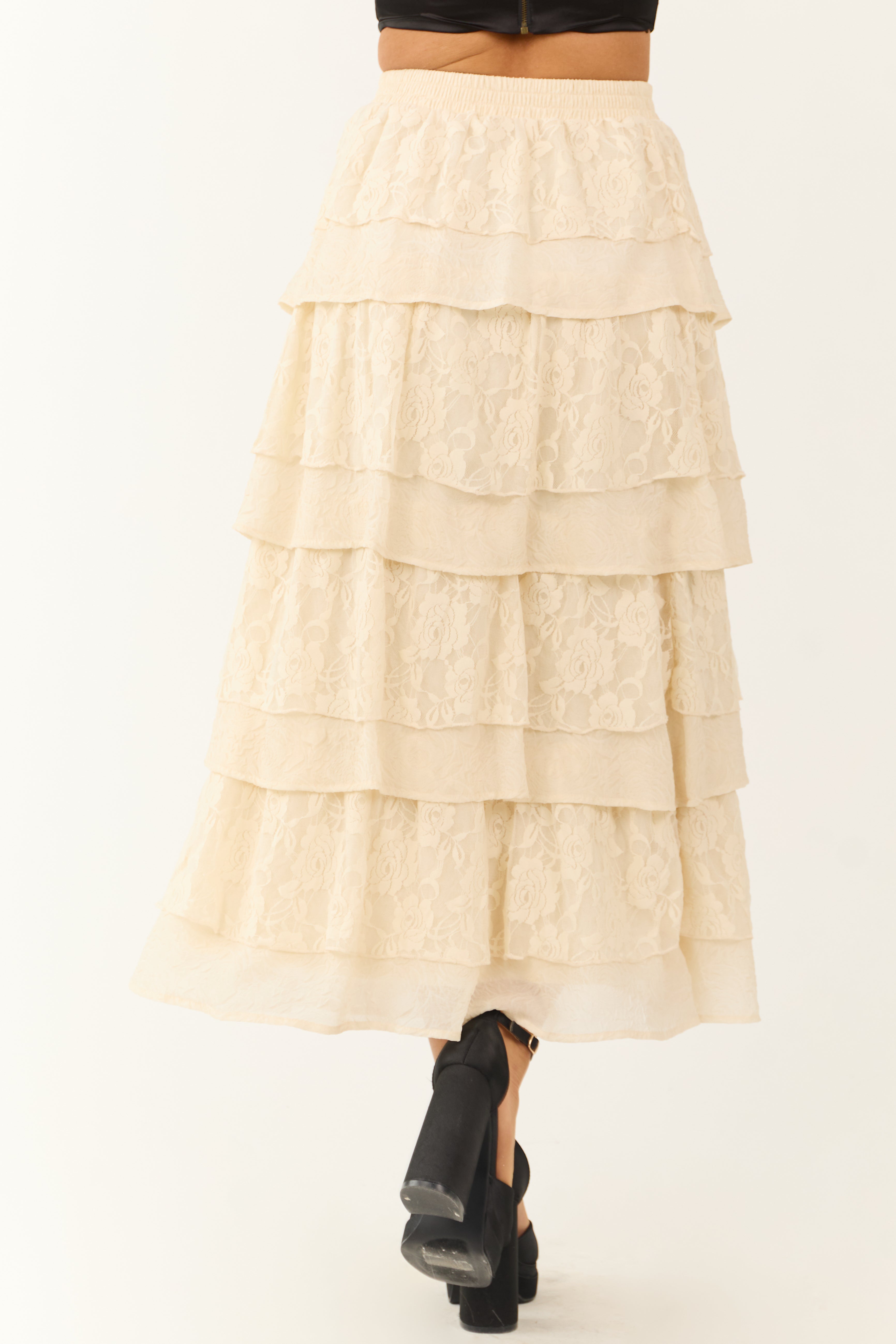 Cream Lace Ruffle Tiered Maxi Skirt-Newayad