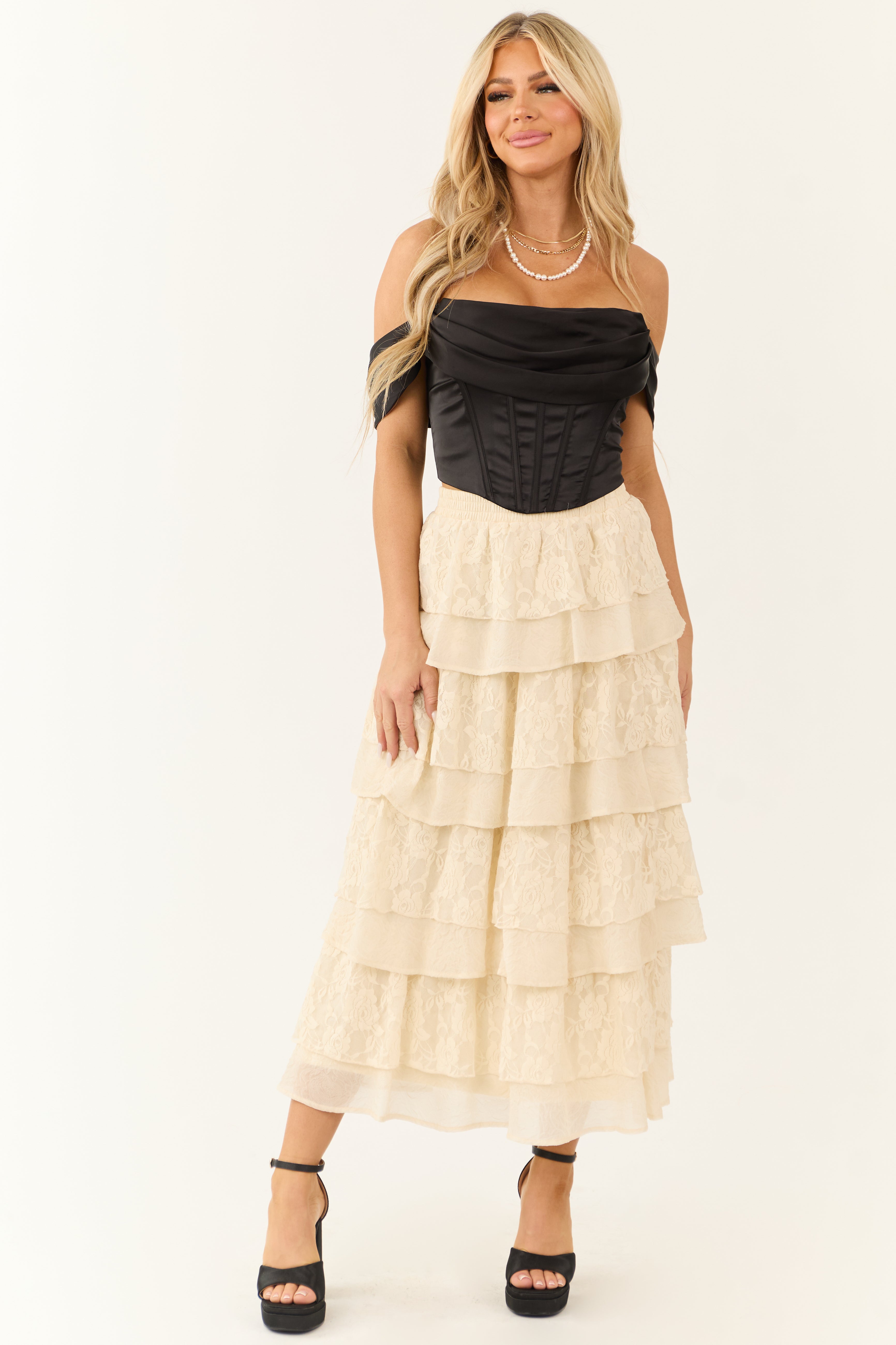 Cream Lace Ruffle Tiered Maxi Skirt-Newayad