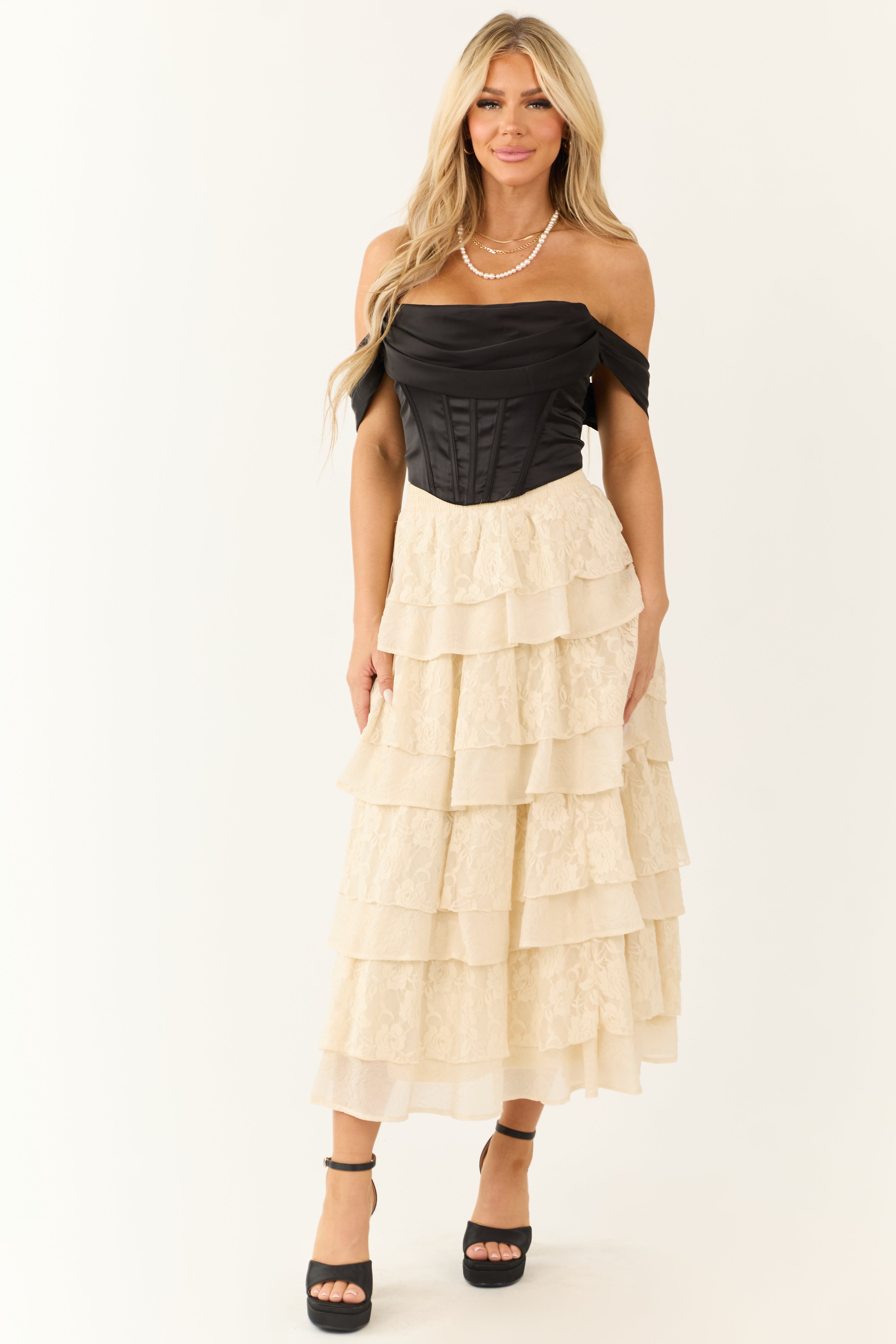 Cream Lace Ruffle Tiered Maxi Skirt-Newayad