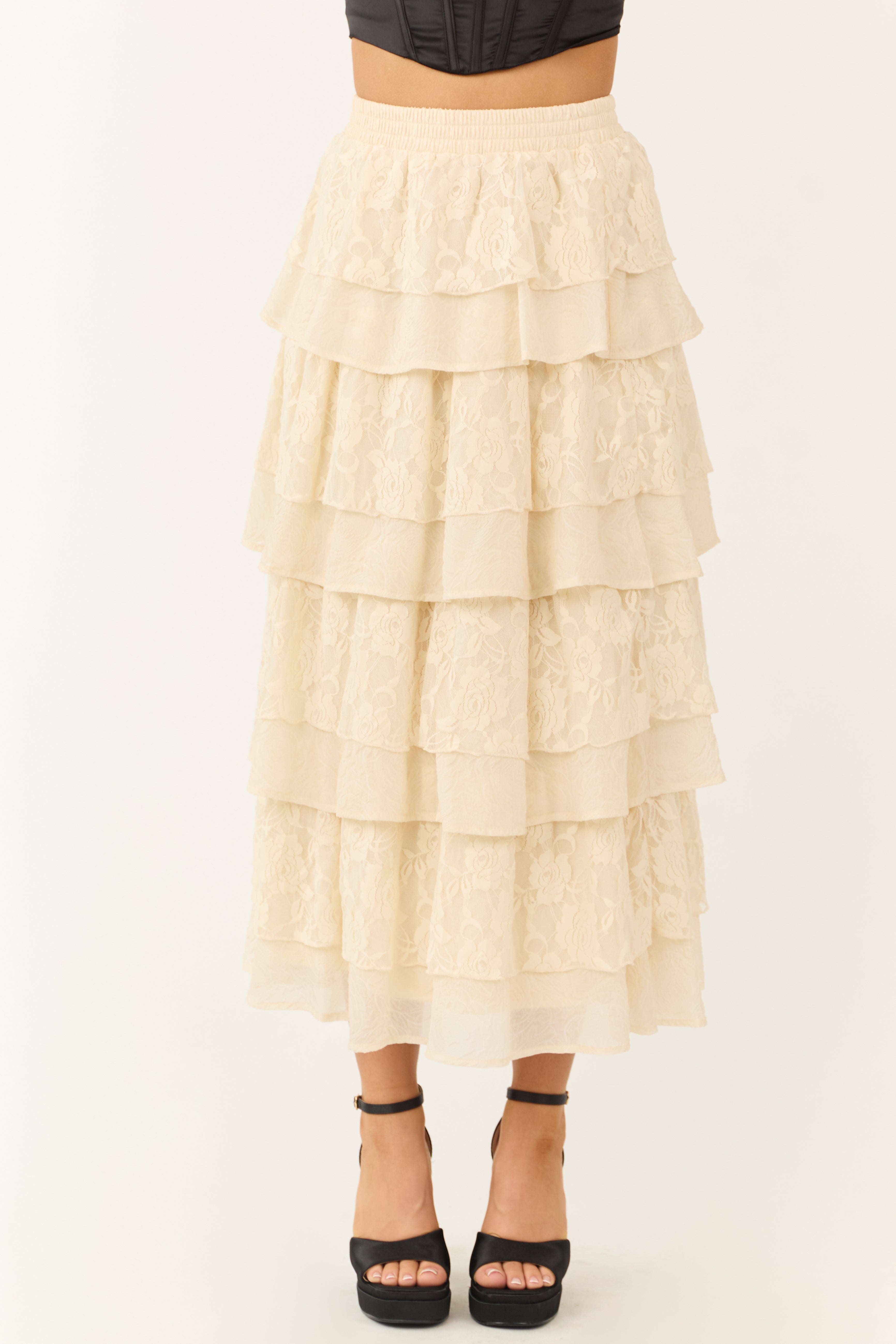 Cream Lace Ruffle Tiered Maxi Skirt-Newayad