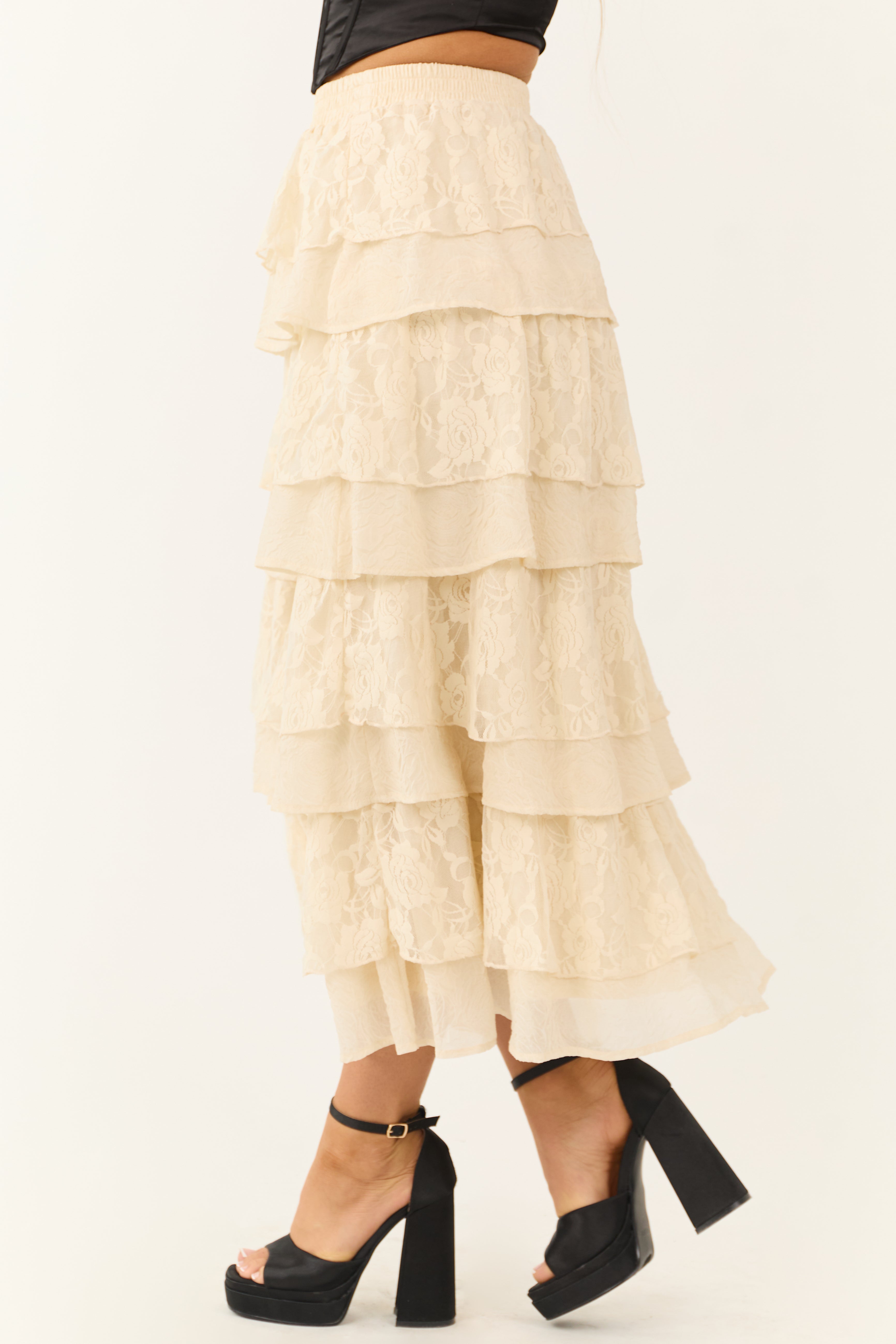 Cream Lace Ruffle Tiered Maxi Skirt-Newayad