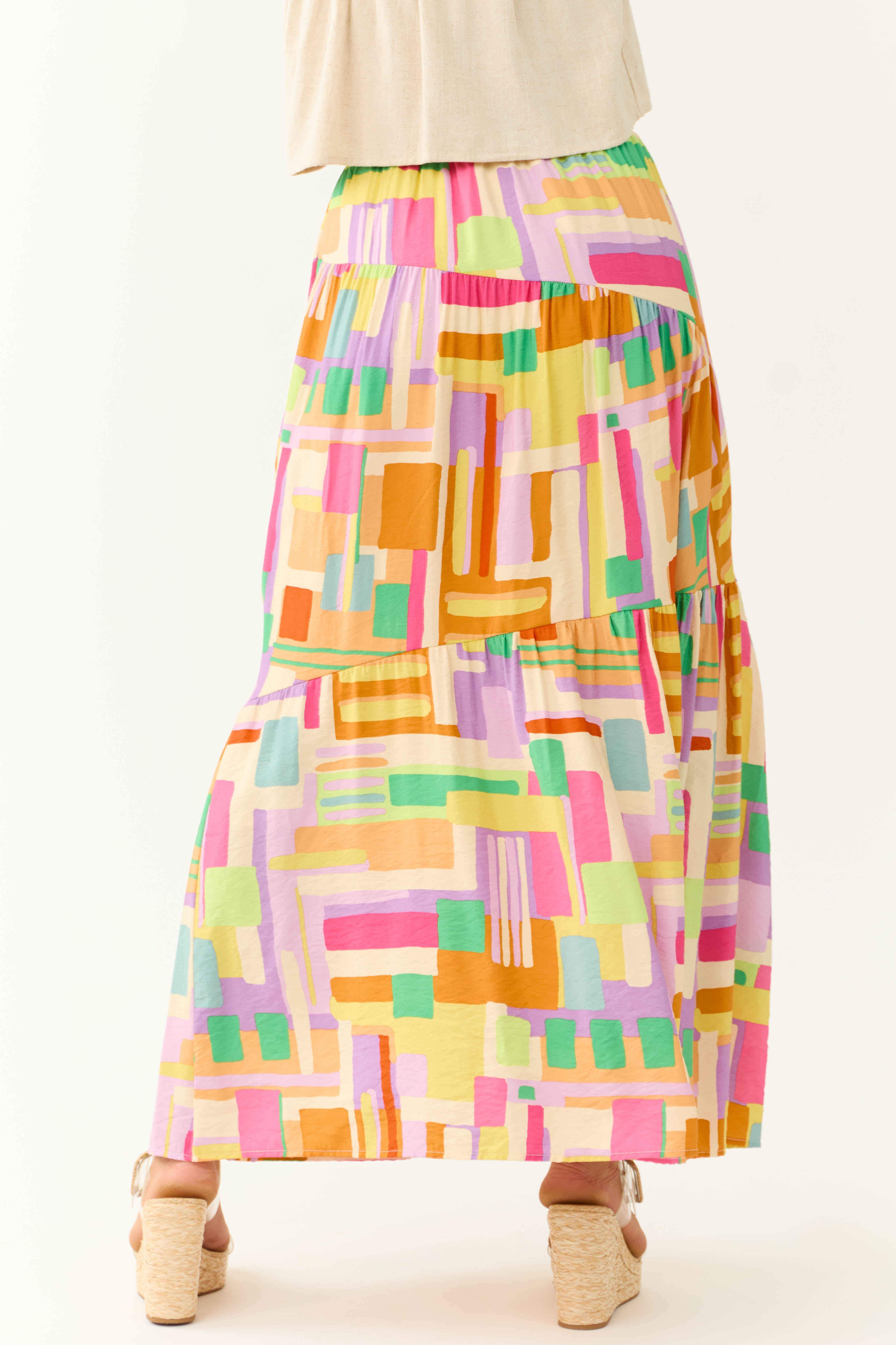 Cream Multicolor Geo Print Maxi Skirt-Newayad