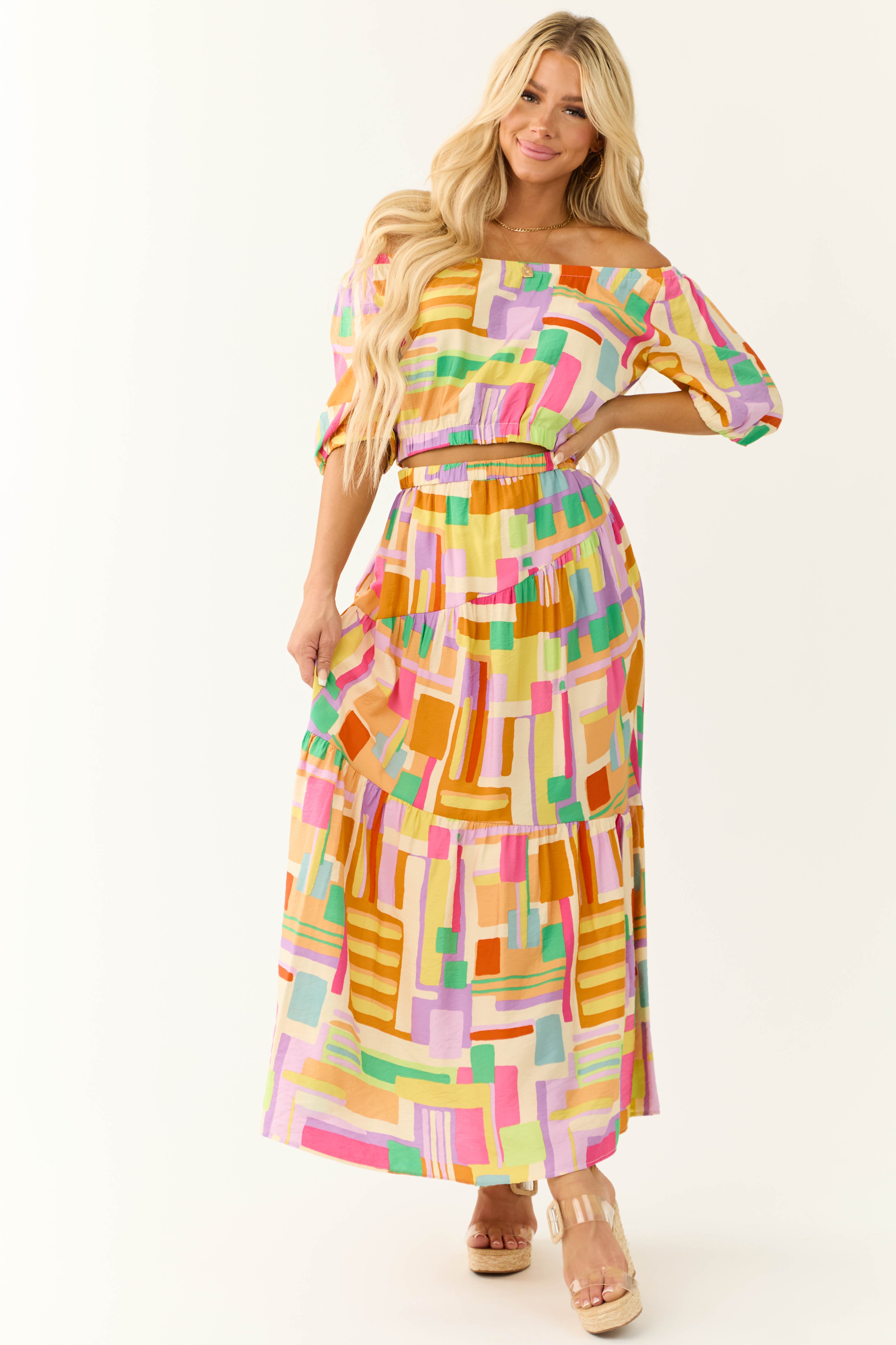 Cream Multicolor Geo Print Maxi Skirt-Newayad