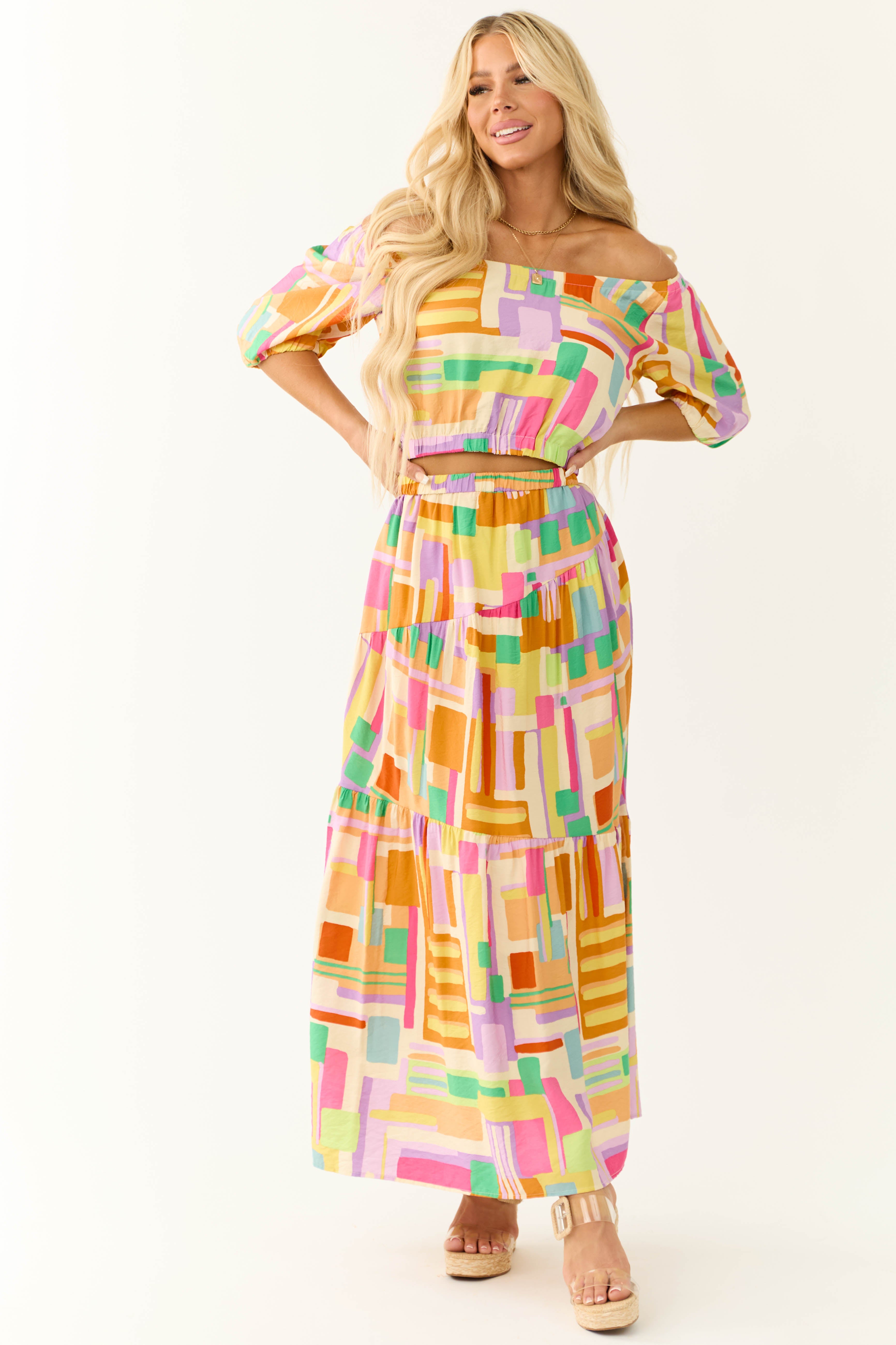 Cream Multicolor Geo Print Maxi Skirt-Newayad