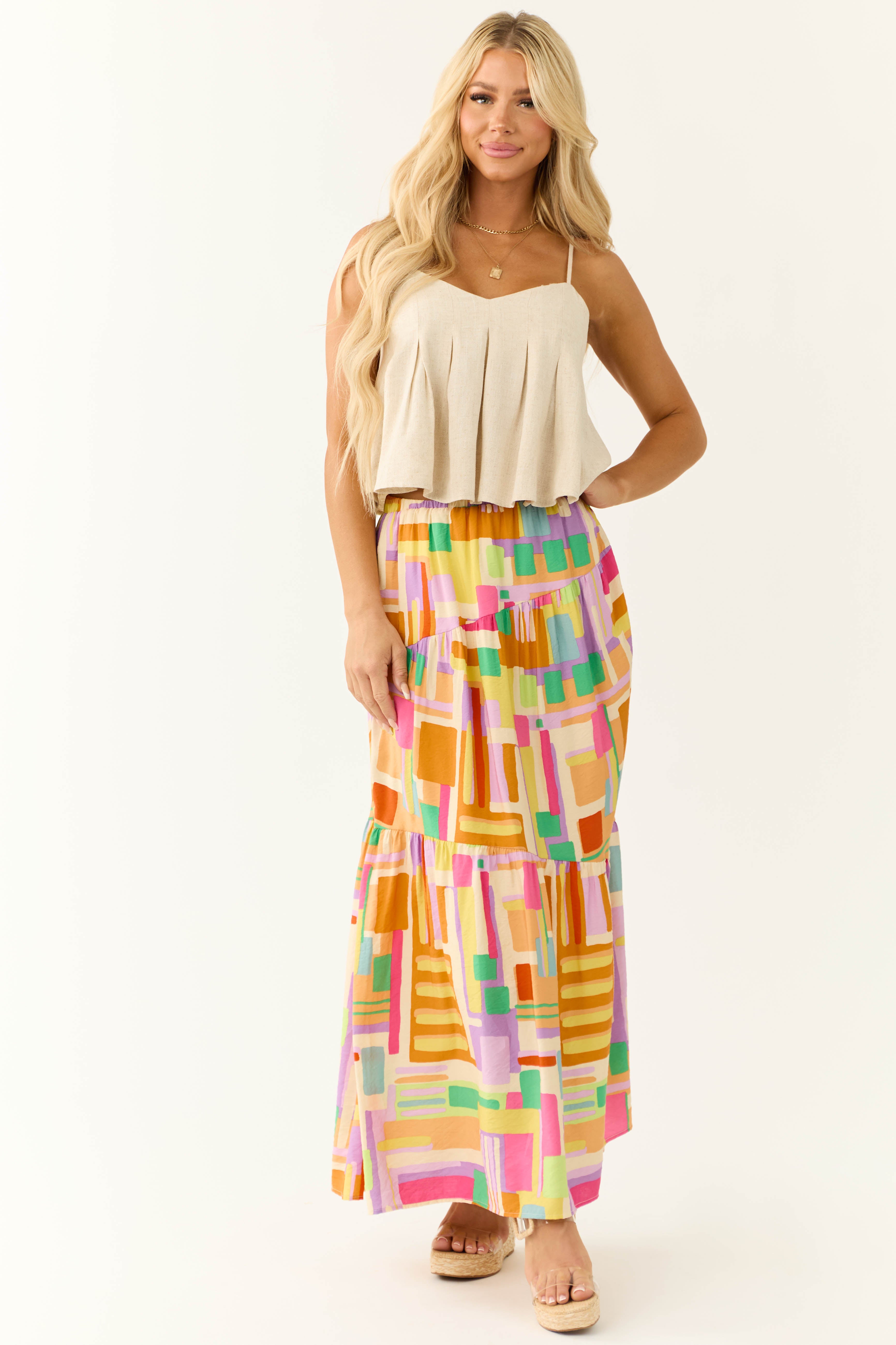 Cream Multicolor Geo Print Maxi Skirt-Newayad