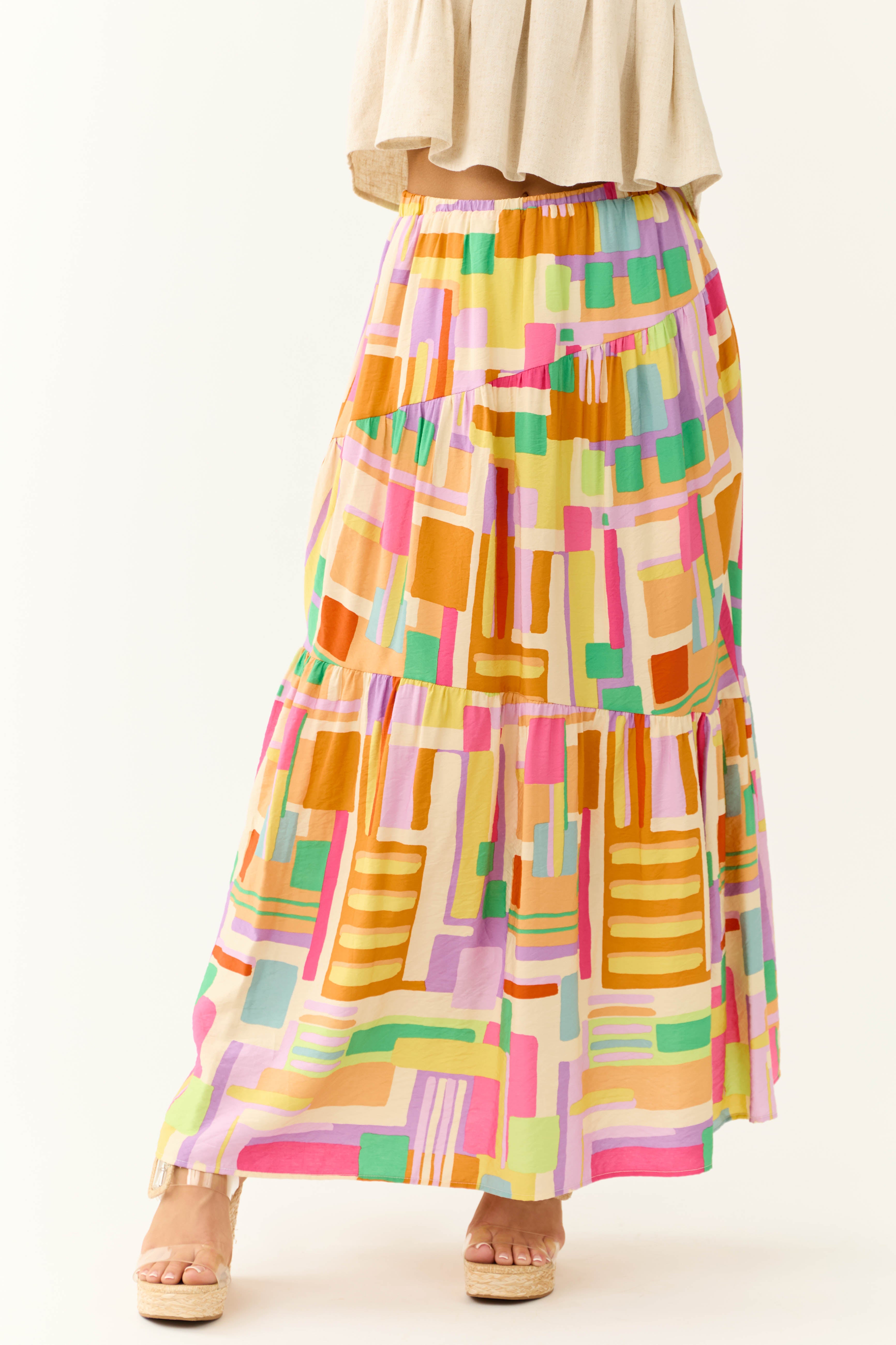 Cream Multicolor Geo Print Maxi Skirt-Newayad