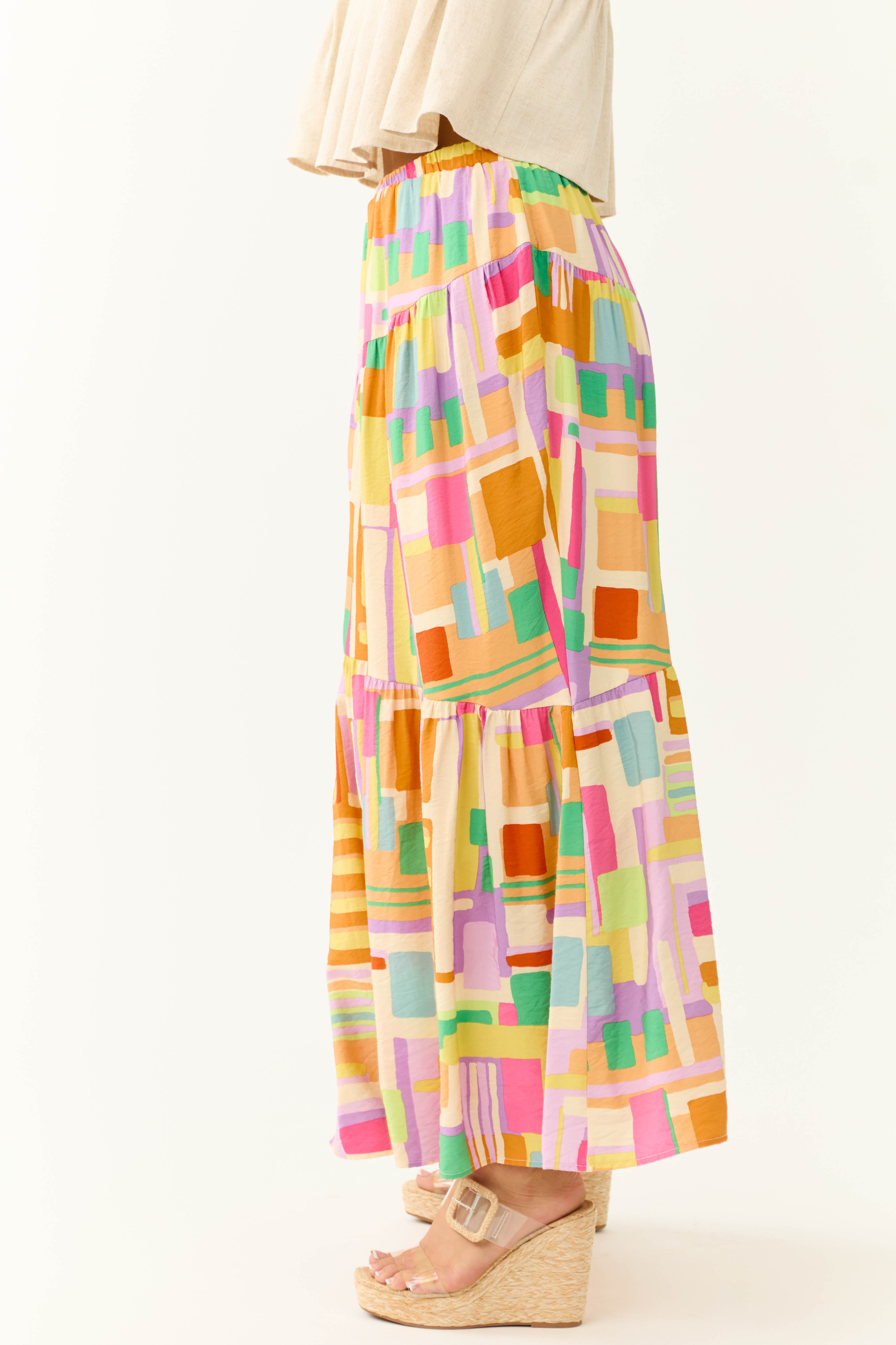 Cream Multicolor Geo Print Maxi Skirt-Newayad