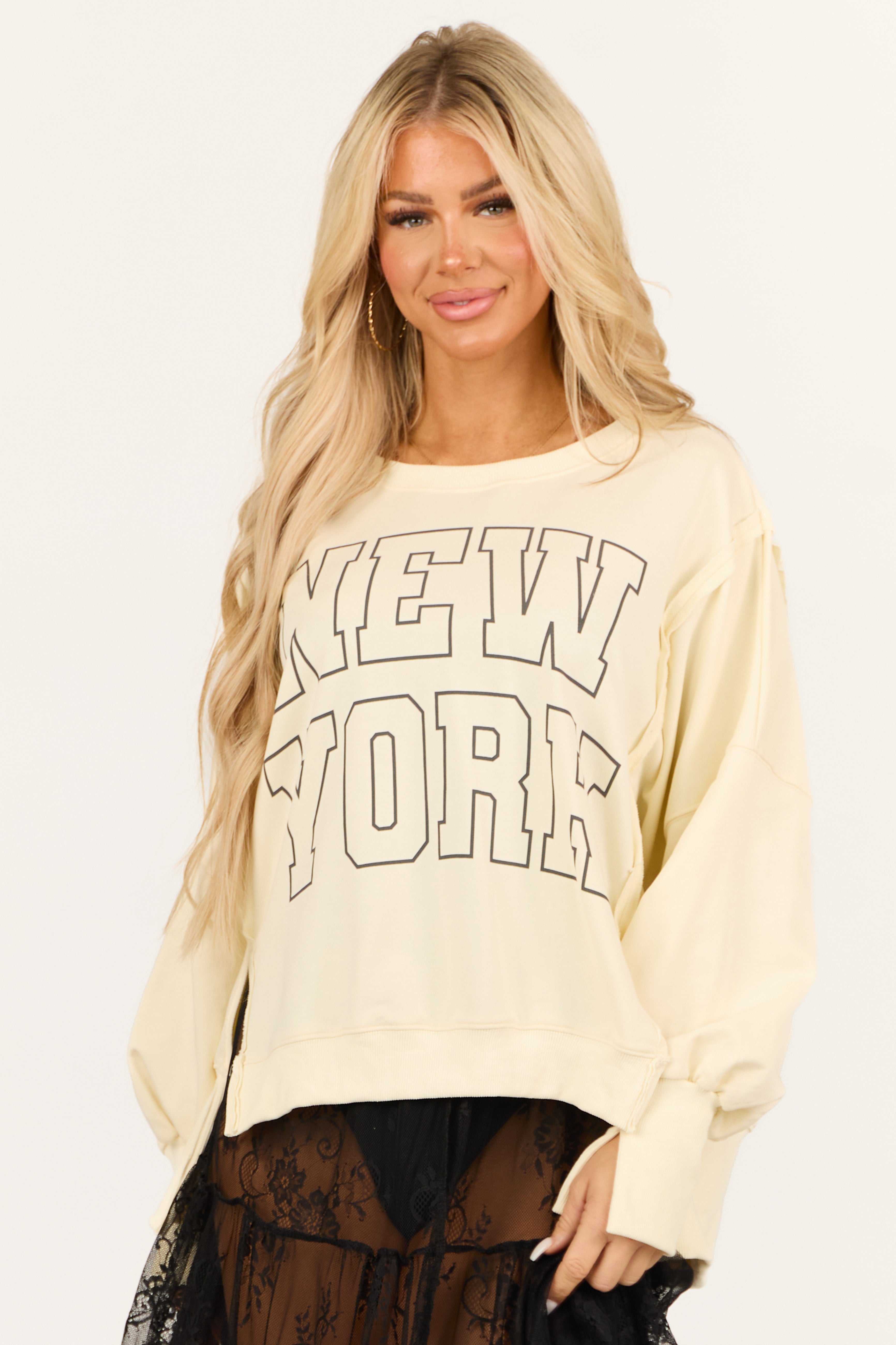 Cream 'New York' Graphic Oversized Sweatshirt-Newayad