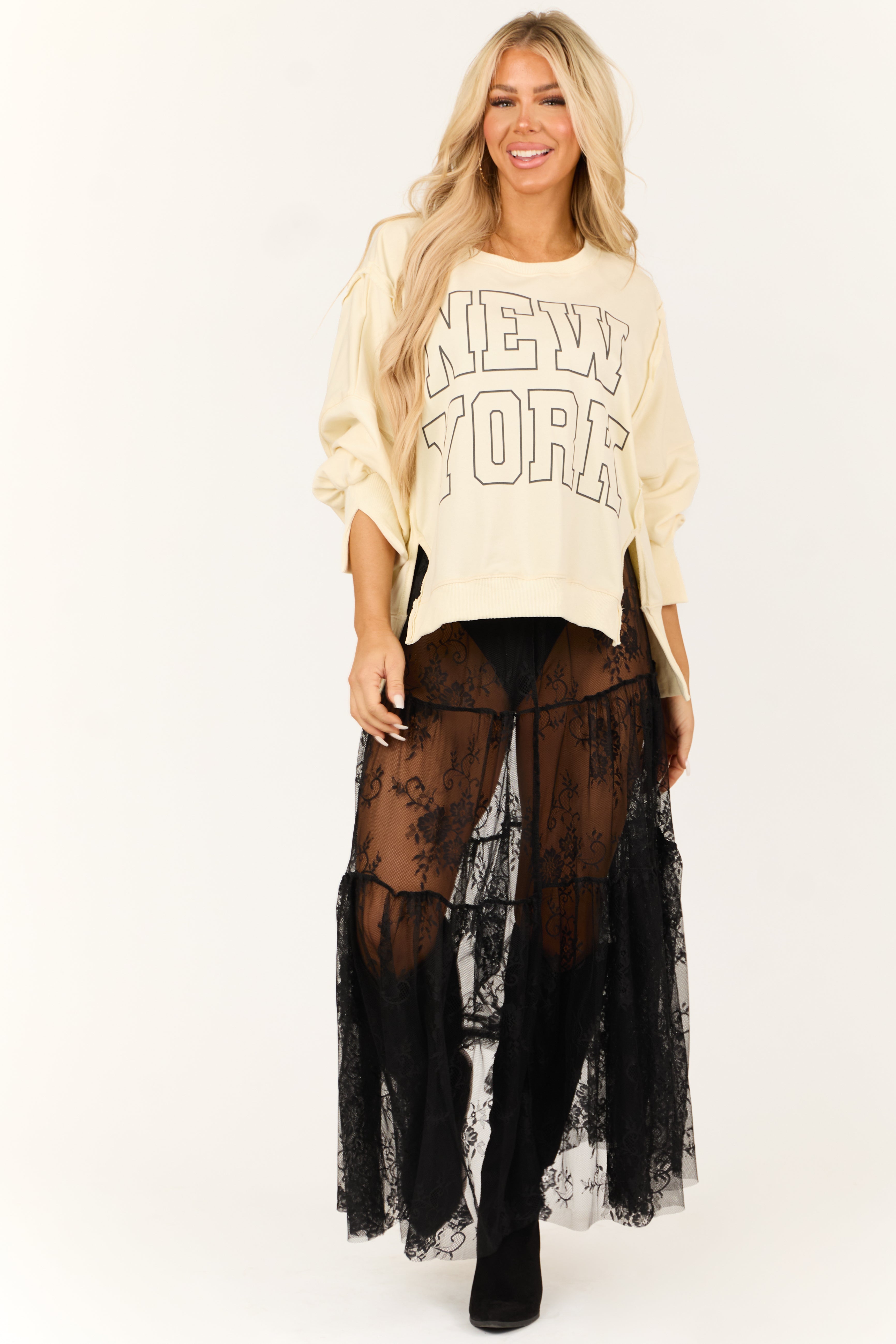 Cream 'New York' Graphic Oversized Sweatshirt-Newayad