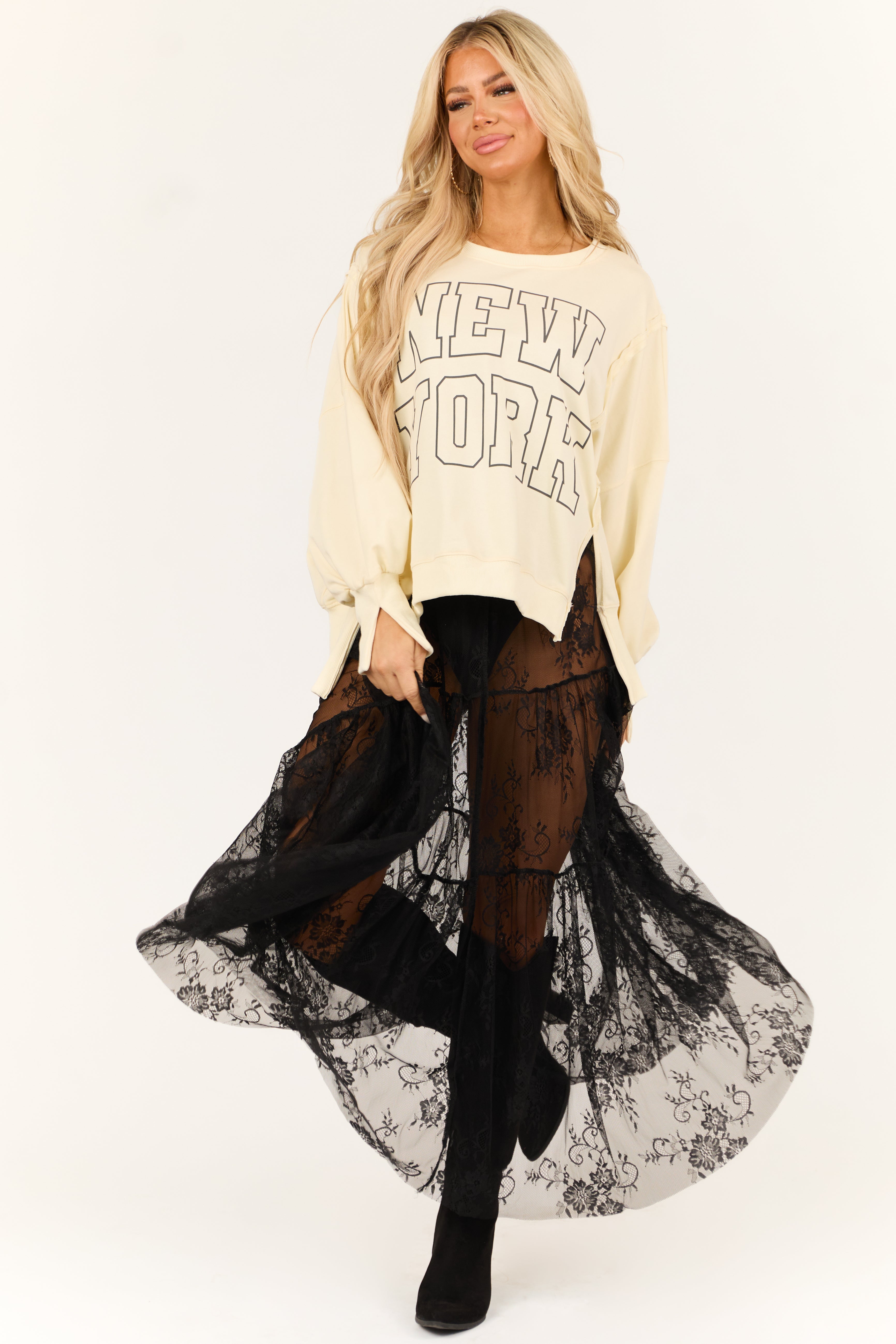 Cream 'New York' Graphic Oversized Sweatshirt-Newayad