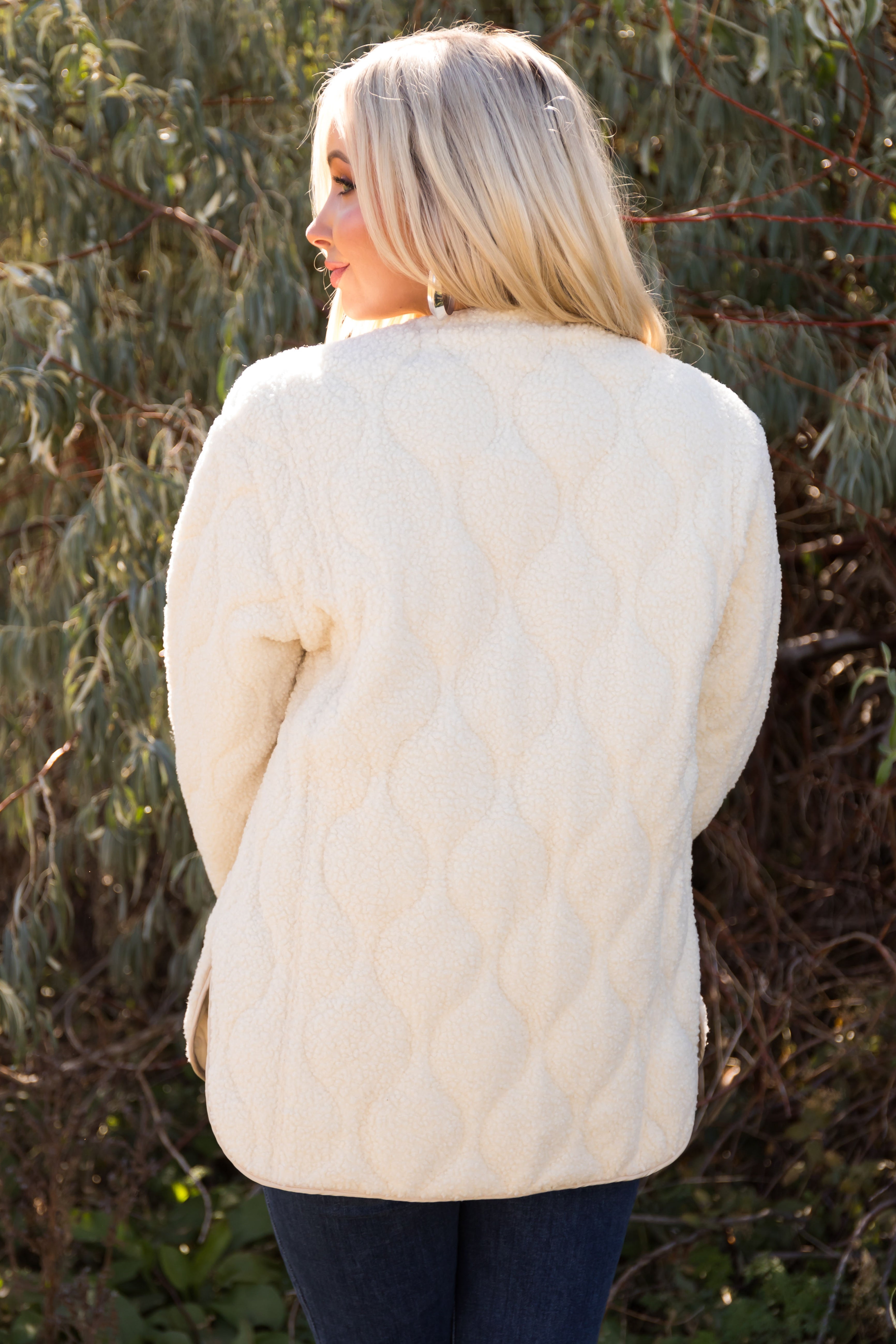 Cream Quilted Button Down Sherpa Jacket-Newayad