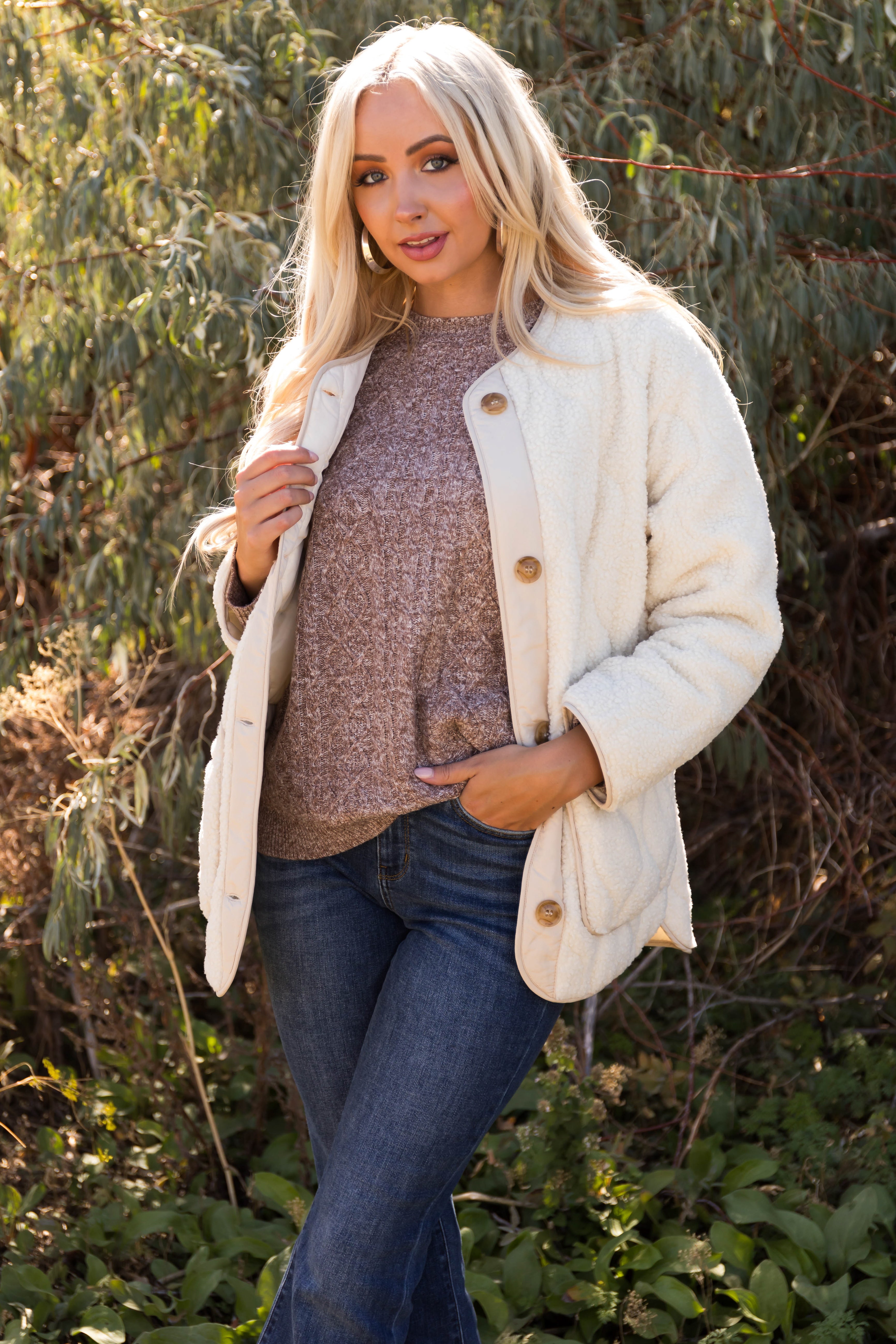 Cream Quilted Button Down Sherpa Jacket-Newayad